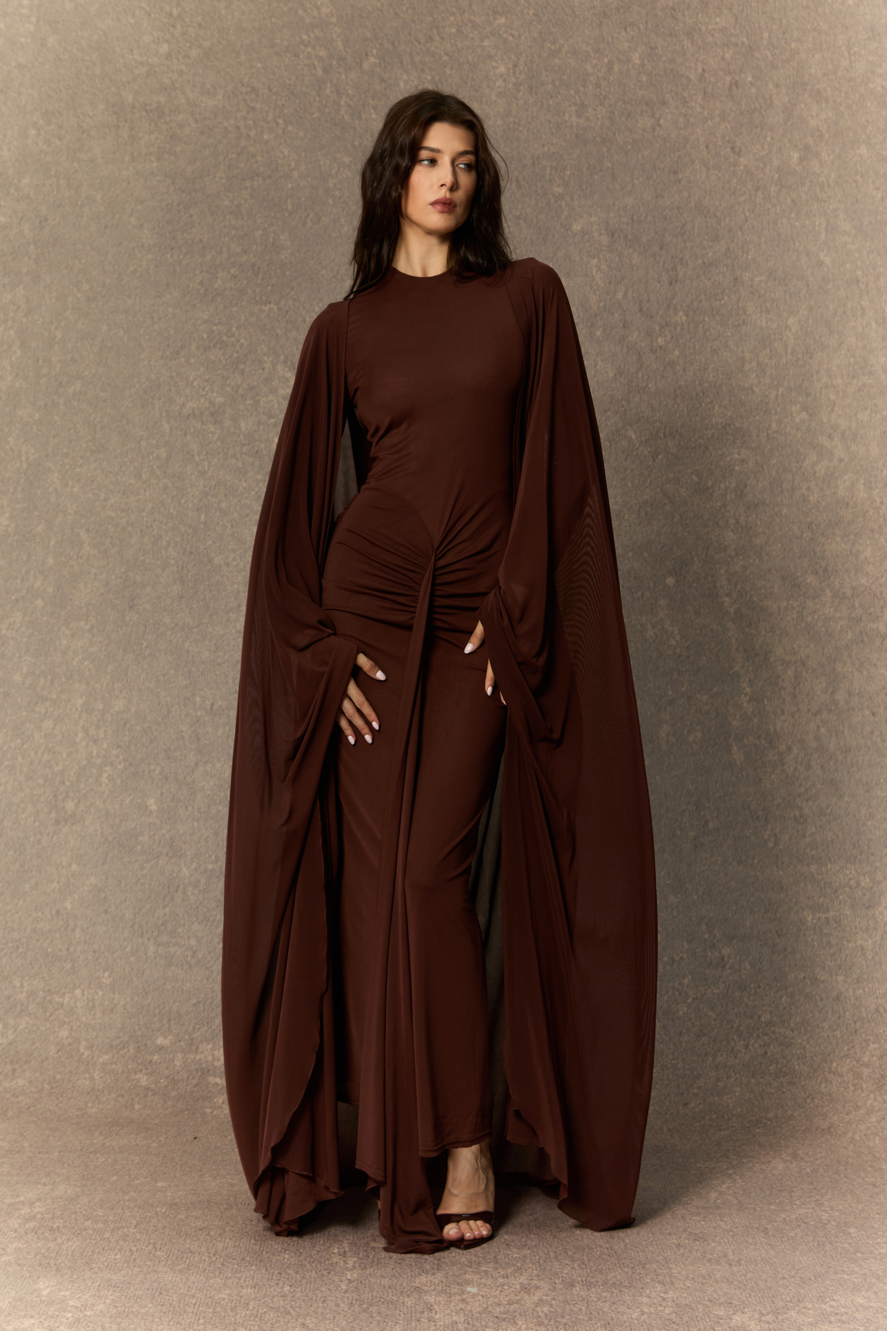 Alexis Long Sleeve Draped Cape Maxi Dress
