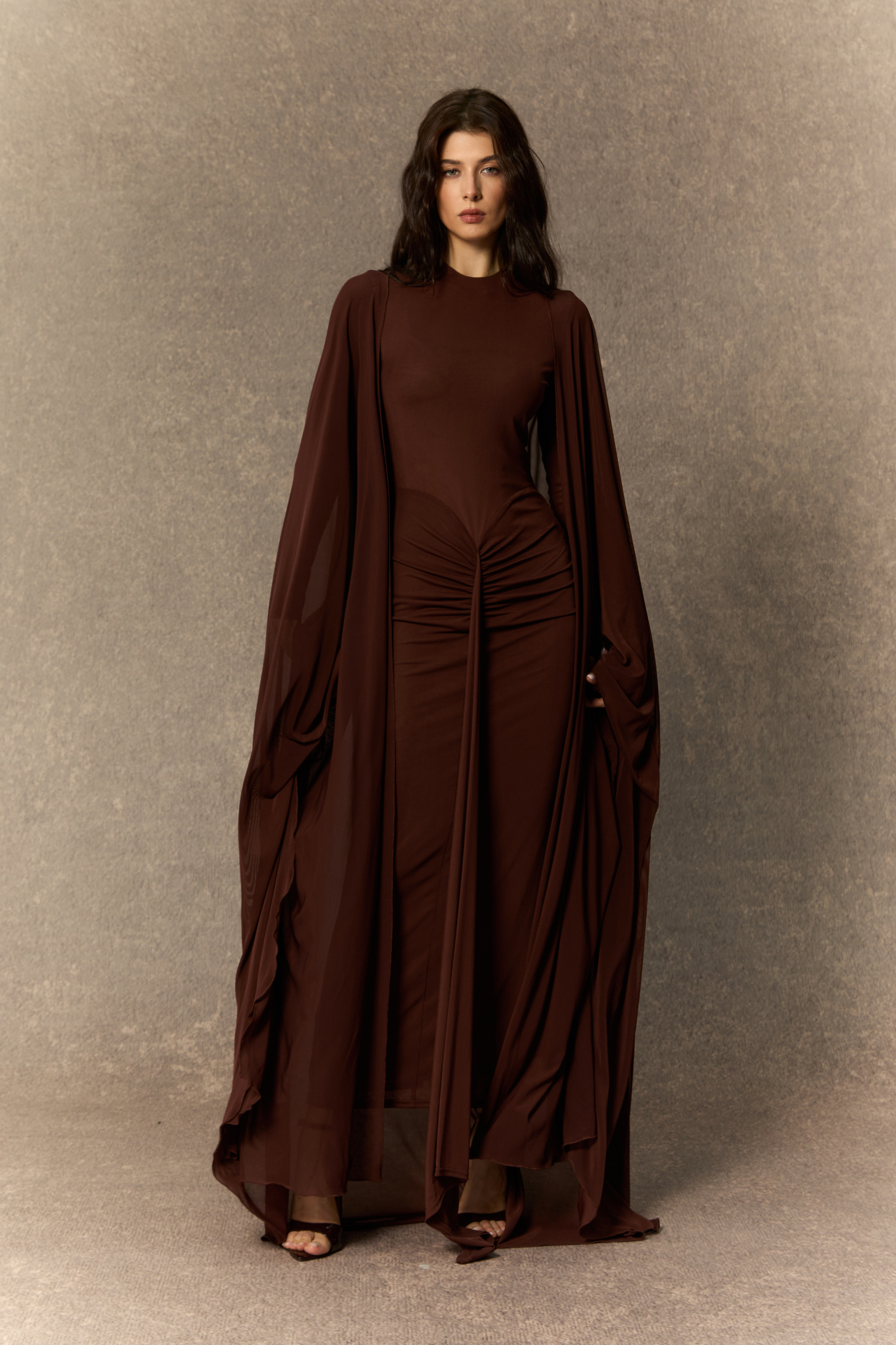 Alexis Long Sleeve Draped Cape Maxi Dress