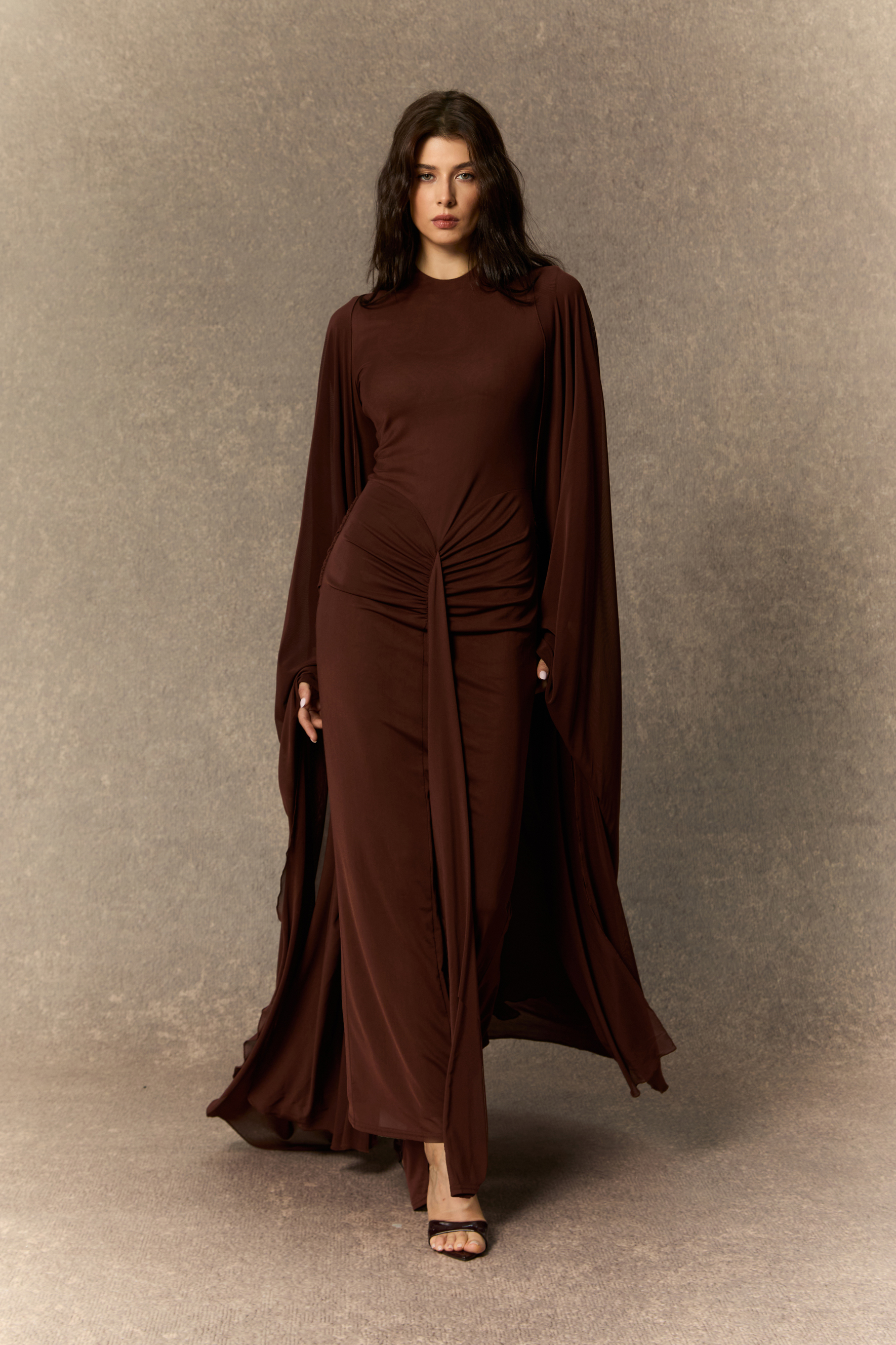 Alexis Long Sleeve Draped Cape Maxi Dress