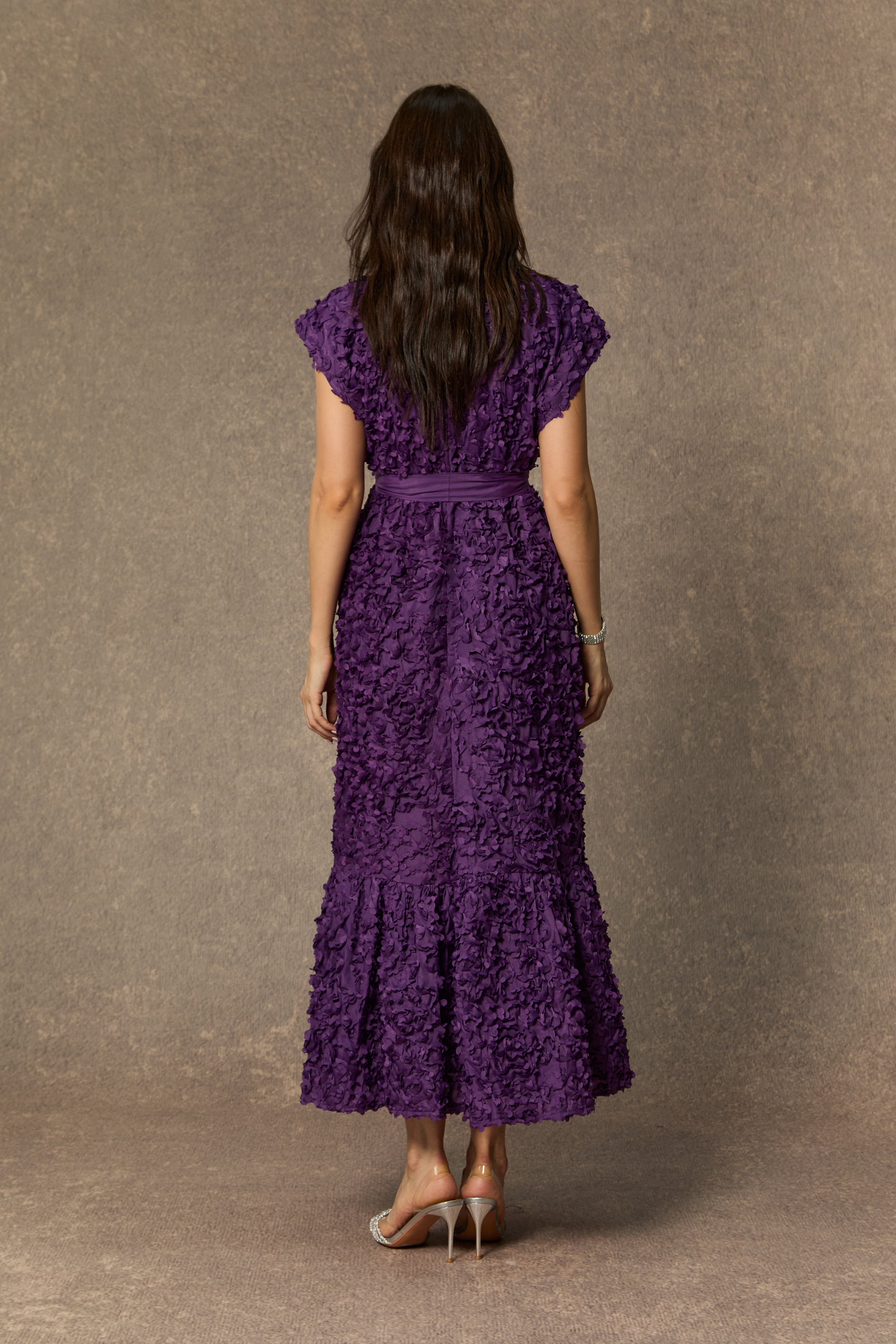One Of One Purple Floral Embroidered Cap Sleeve Midi Dress