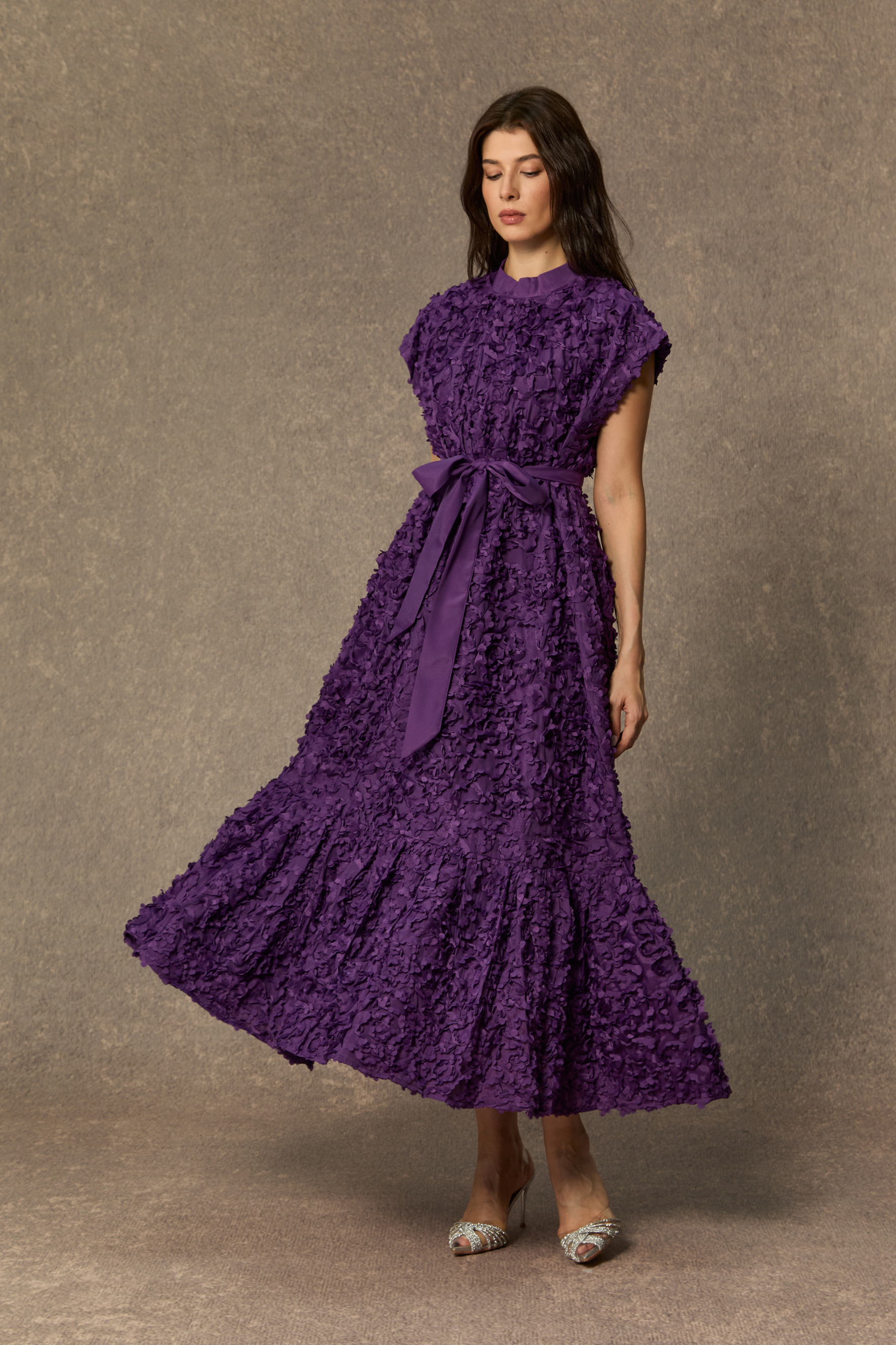 One Of One Purple Floral Embroidered Cap Sleeve Midi Dress
