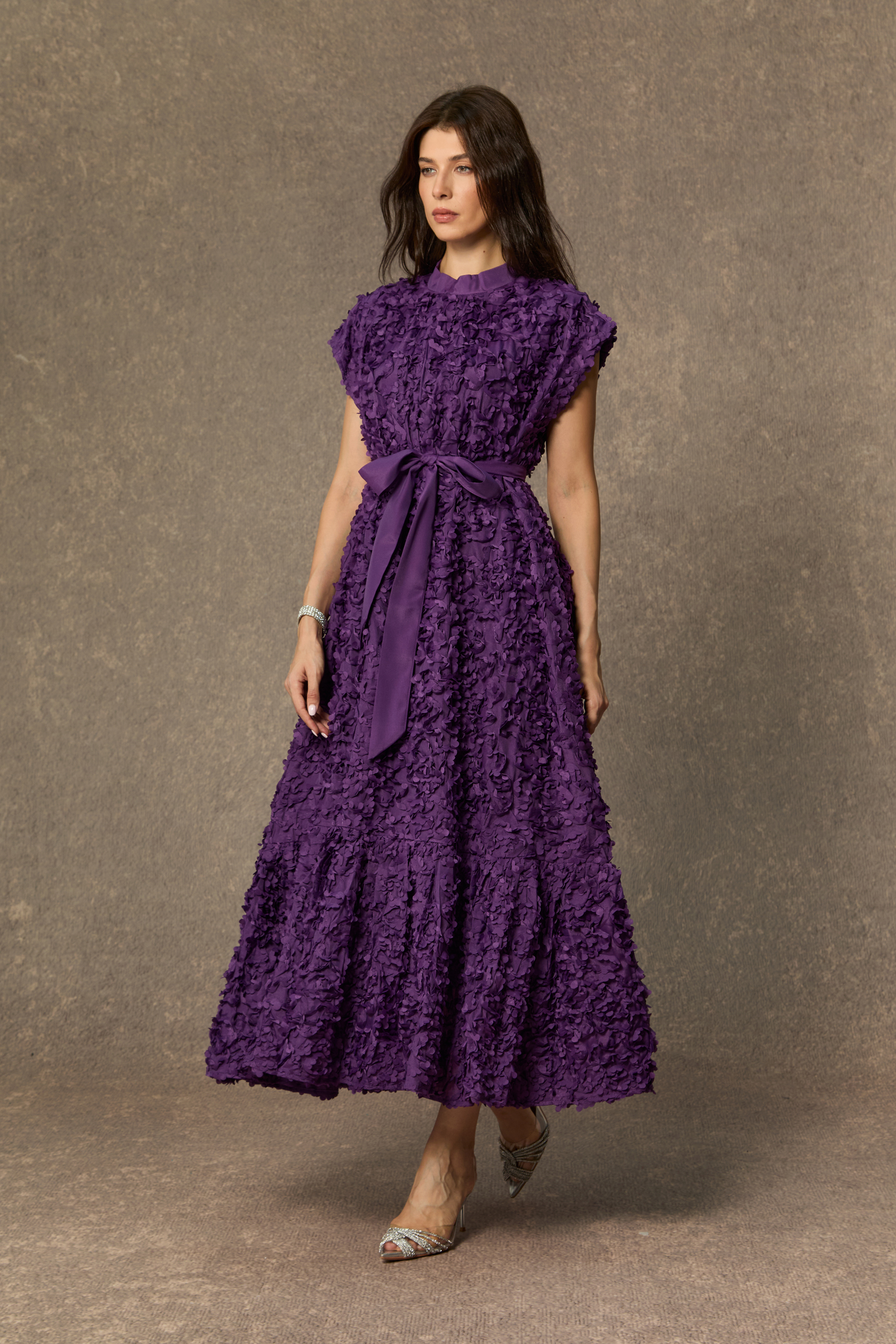 One Of One Purple Floral Embroidered Cap Sleeve Midi Dress