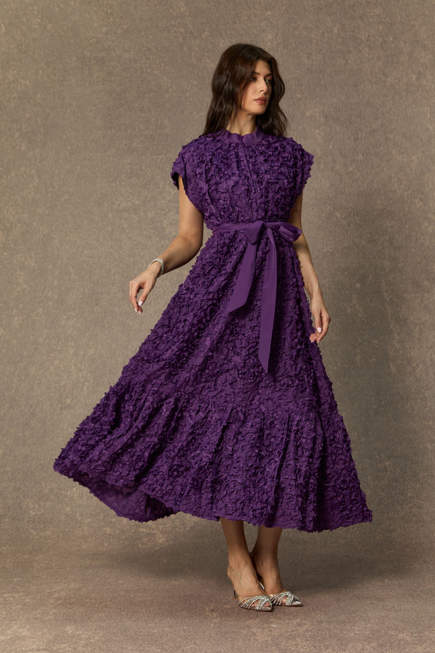 One Of One Purple Floral Embroidered Cap Sleeve Midi Dress