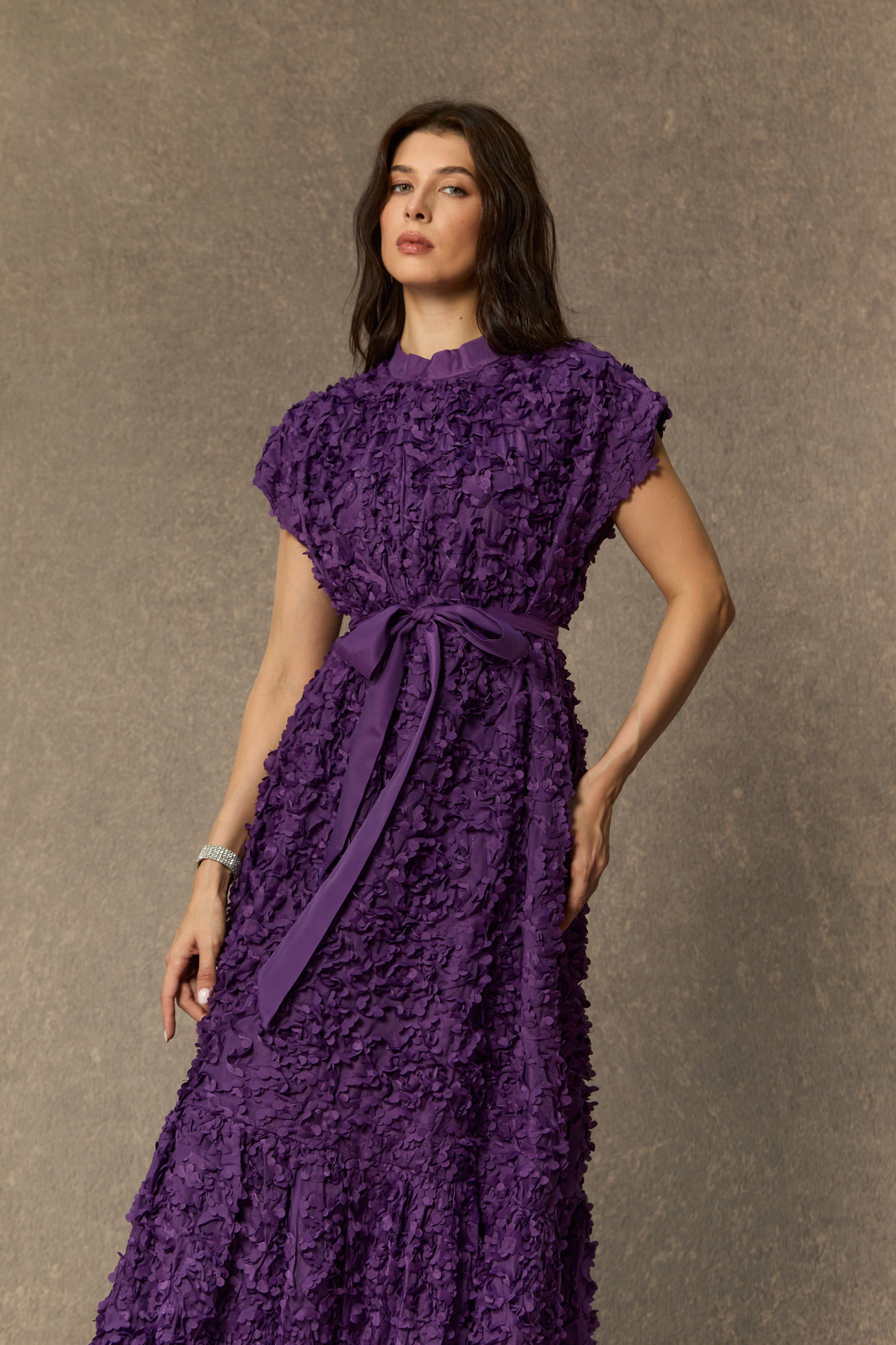 One Of One Purple Floral Embroidered Cap Sleeve Midi Dress