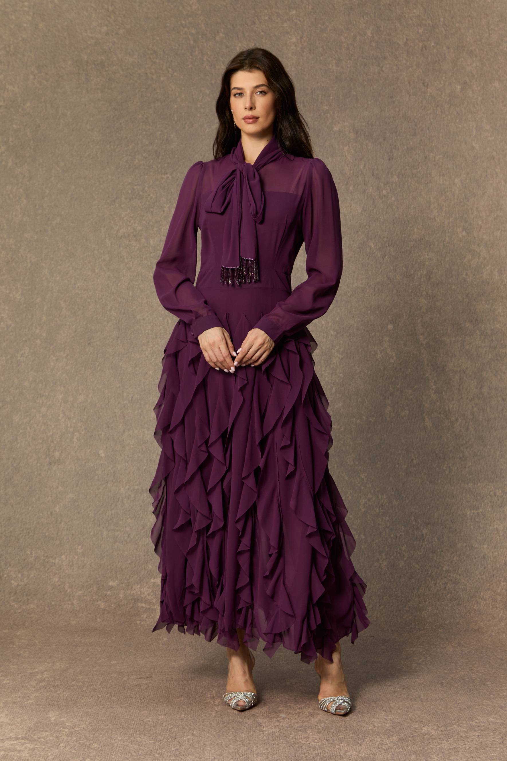 Ultimate Beauty Purple Bow Neck Tiered Ruffle Maxi Dress – sunfere