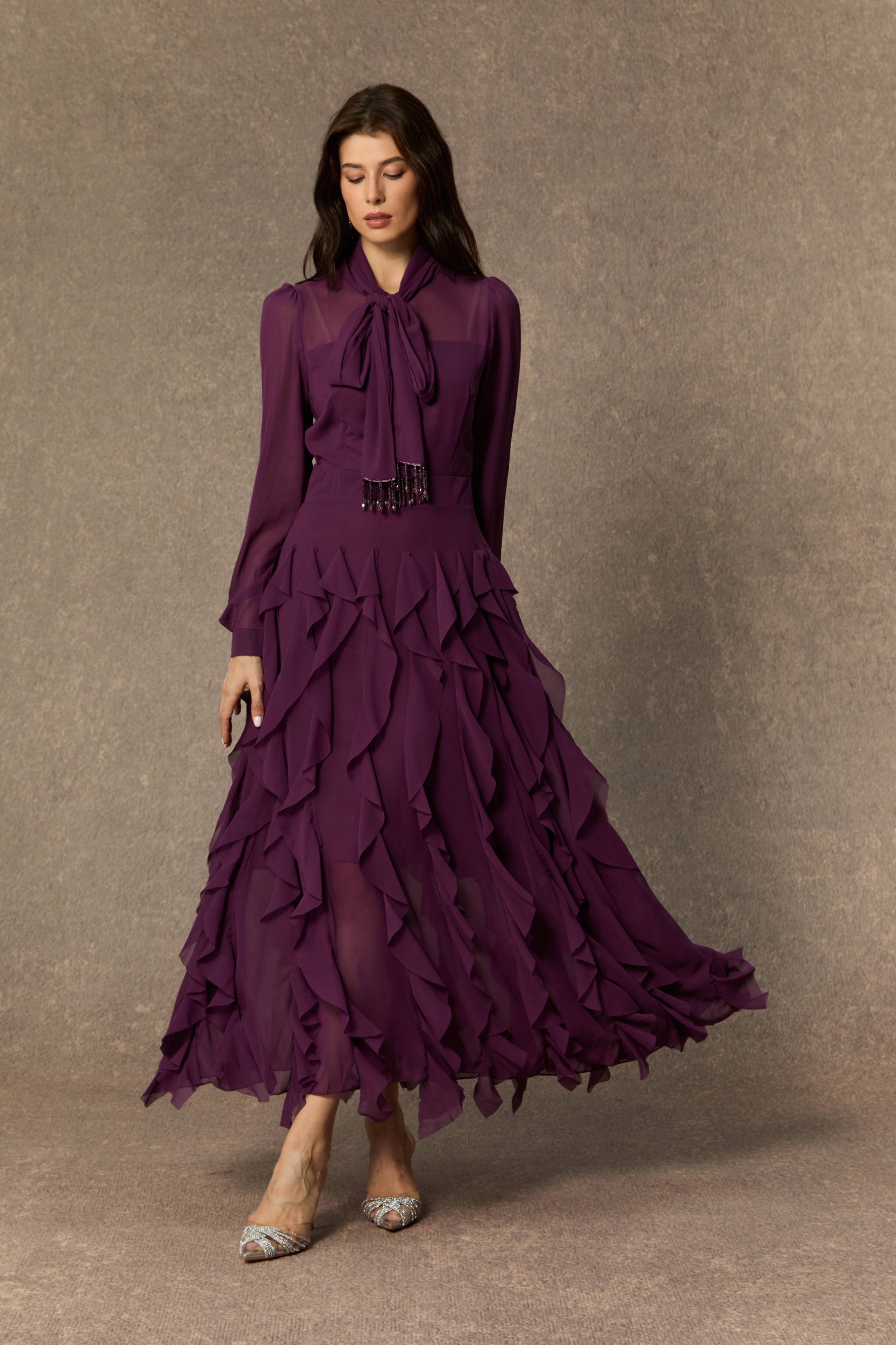 Modest Dresses: Ultimate Purple Bow Neck Tiered Ruffle Maxi | sunfere