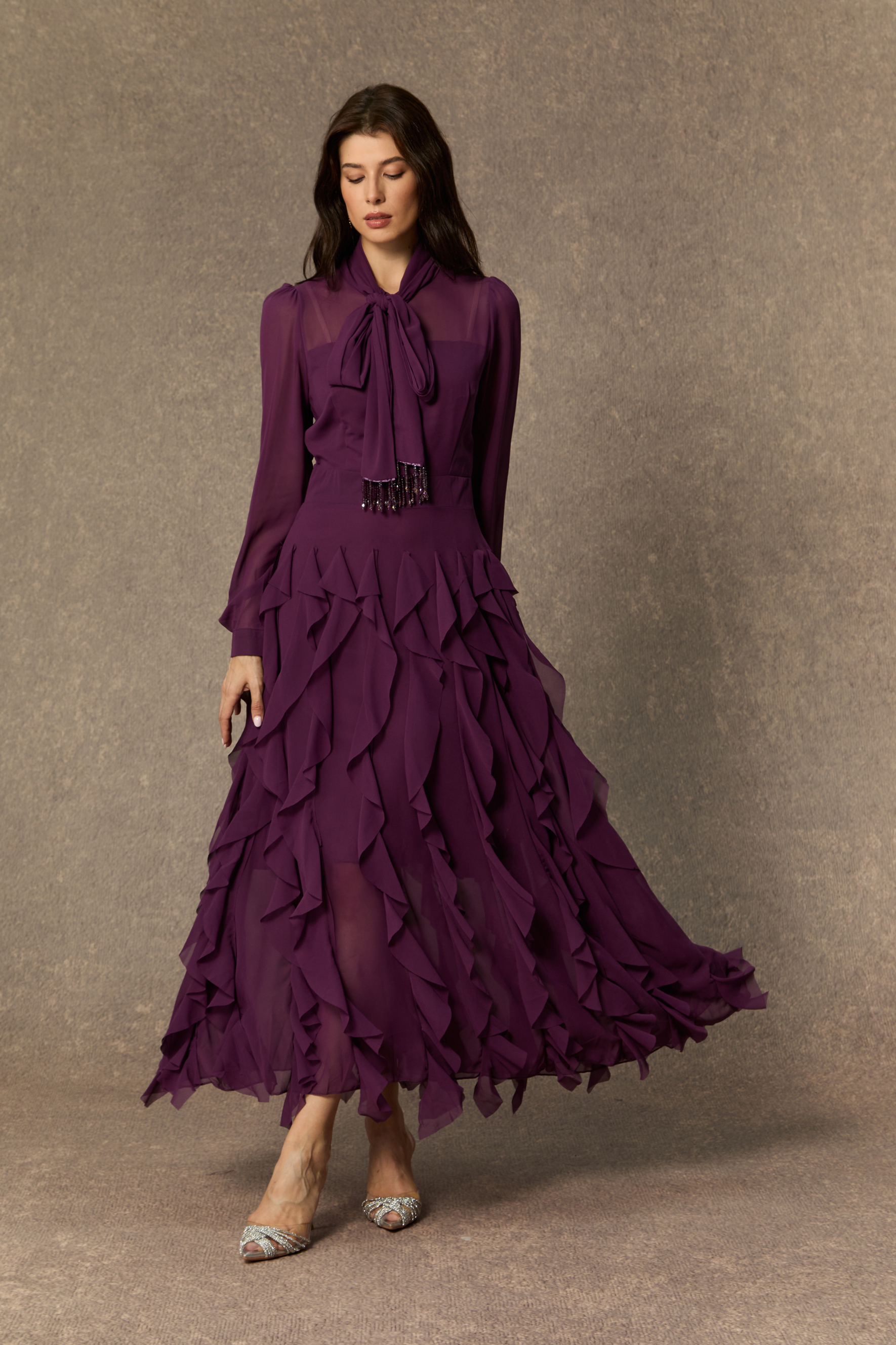 Ultimate Beauty Purple Bow Neck Tiered Ruffle Maxi Dress