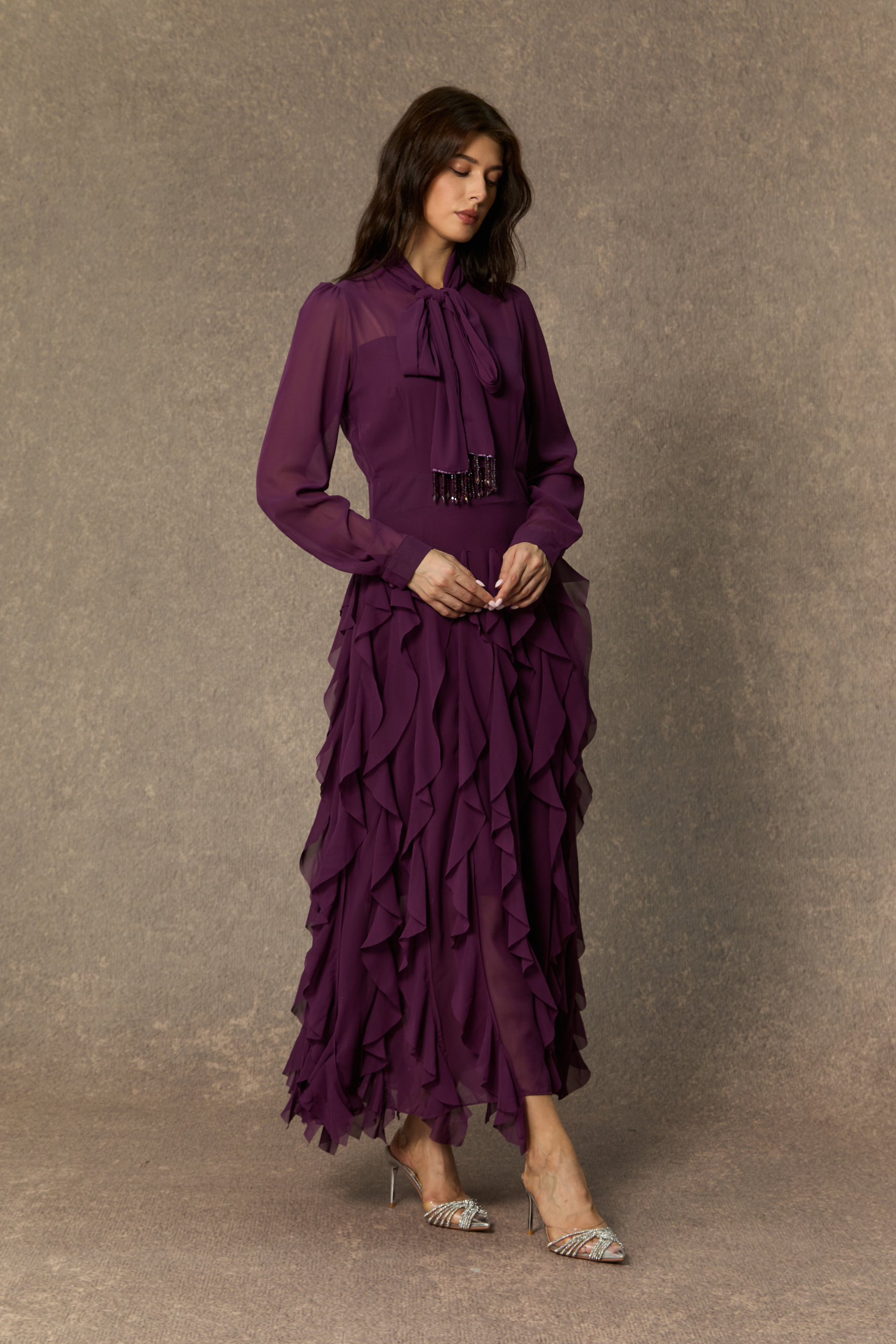 Modest Dresses: Ultimate Purple Bow Neck Tiered Ruffle Maxi | sunfere