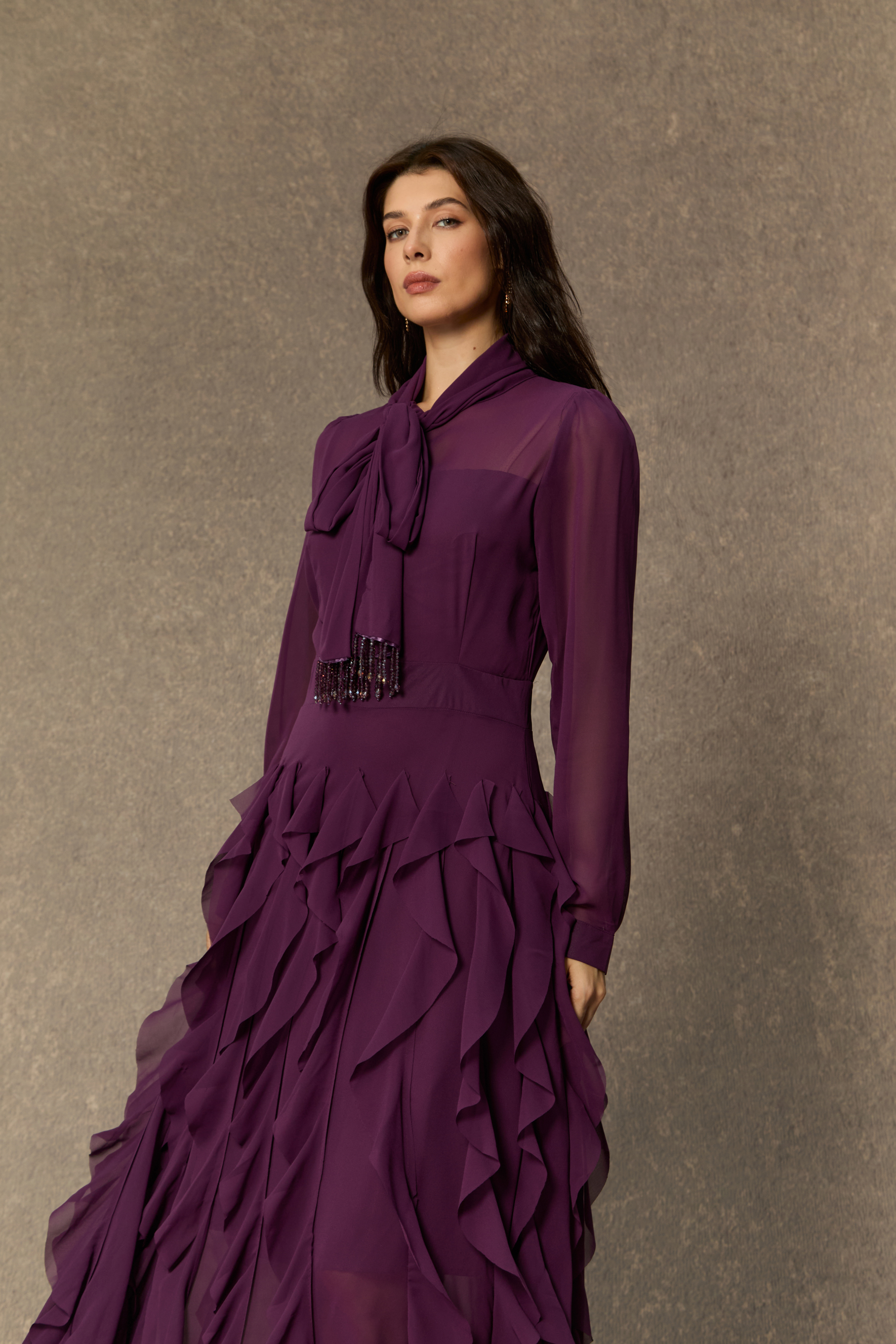 Ultimate Beauty Purple Bow Neck Tiered Ruffle Maxi Dress – sunfere
