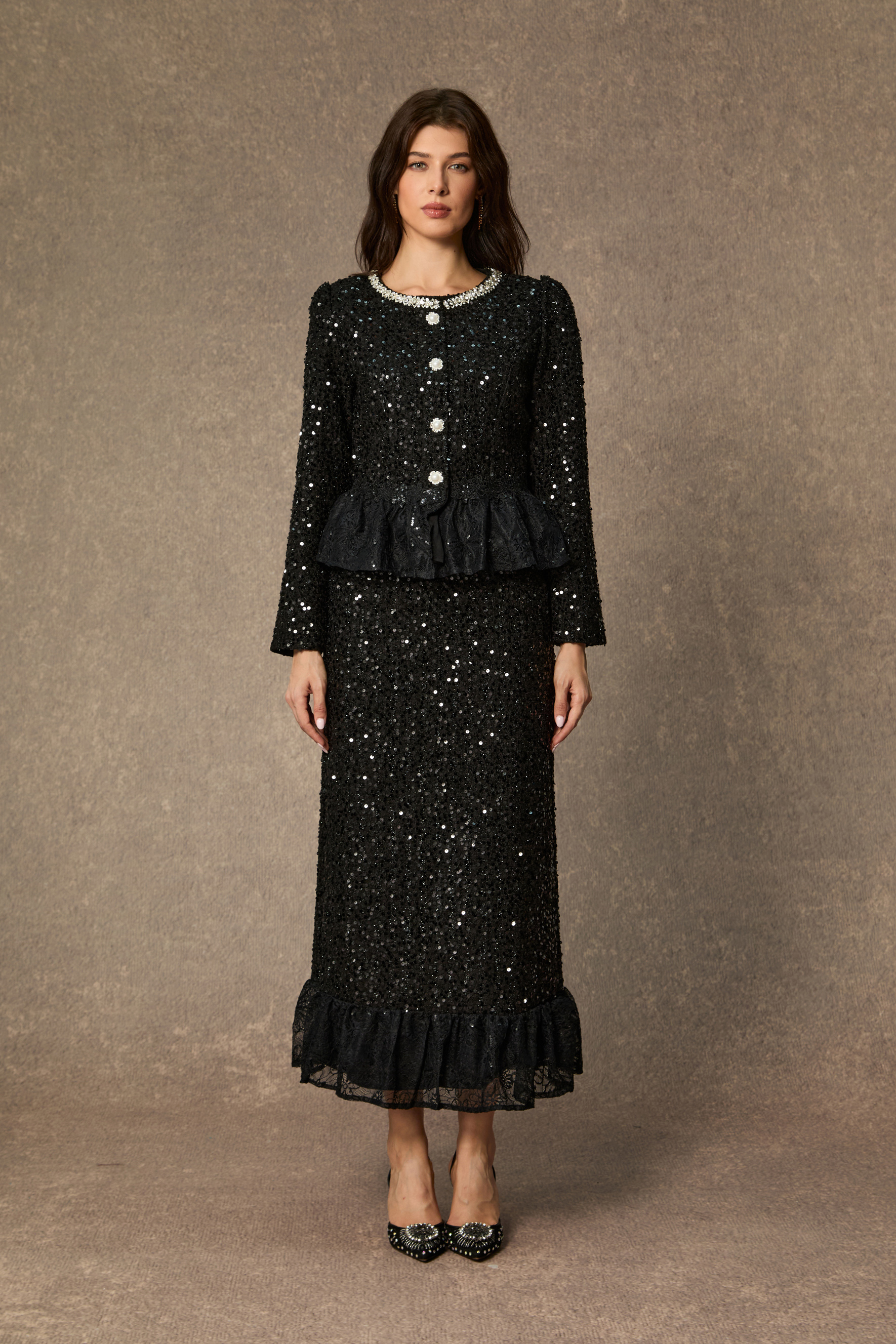 Chic And Sophisticated Black Diamond Embellished Ruffled Skirt Set