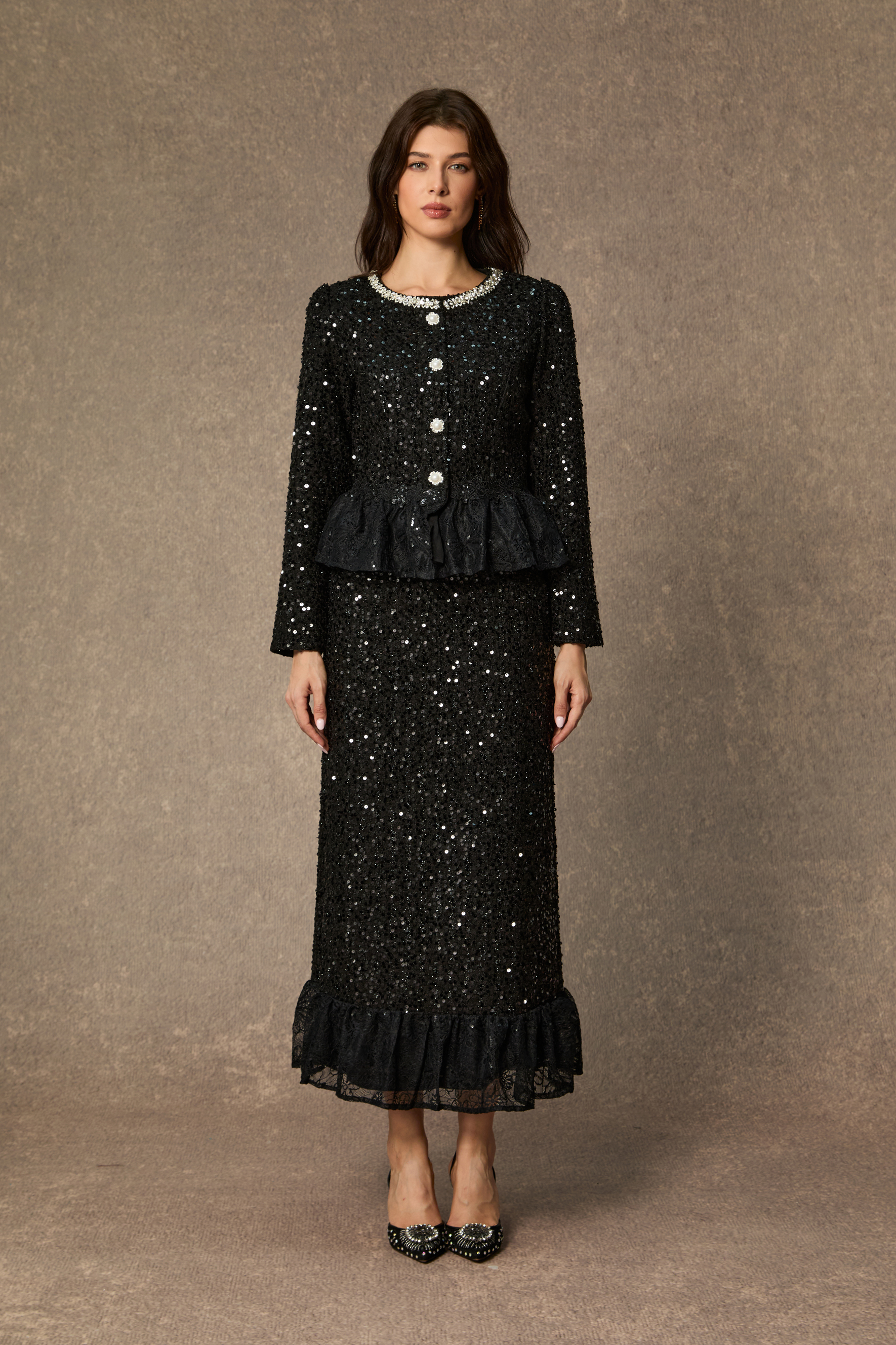 Chic And Sophisticated Black Diamond Embellished Ruffled Skirt Set