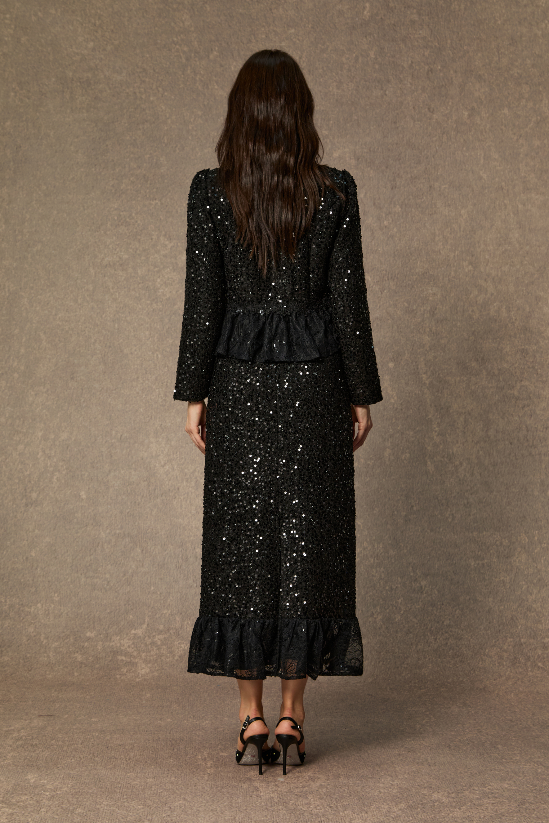 Chic And Sophisticated Black Diamond Embellished Ruffled Skirt Set