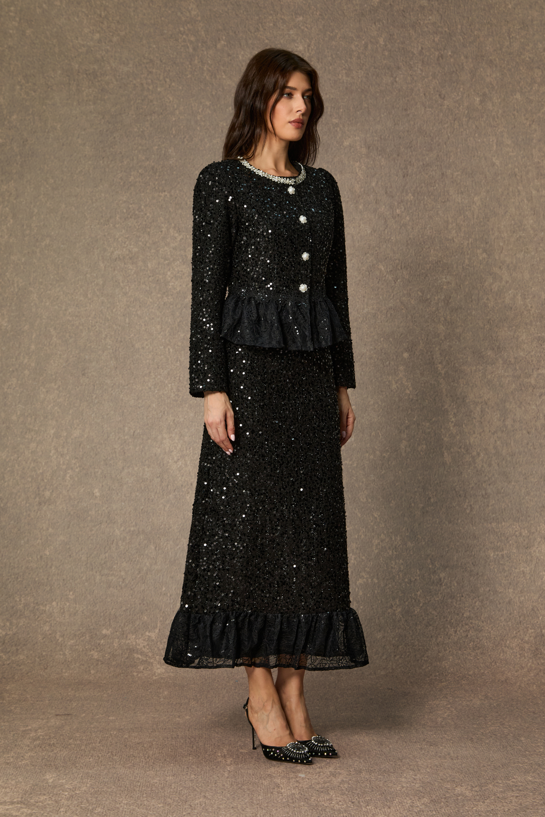 Chic And Sophisticated Black Diamond Embellished Ruffled Skirt Set