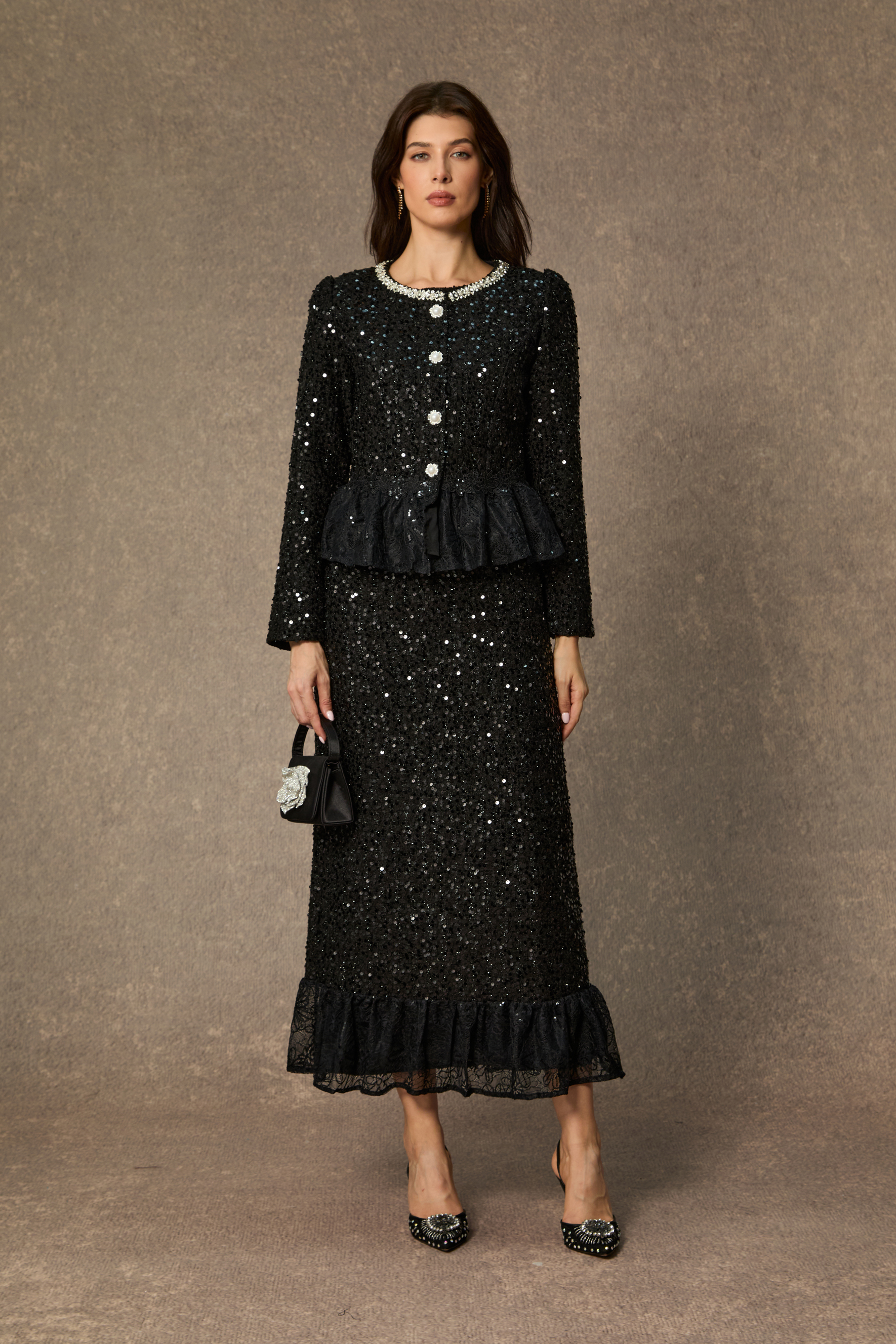 Chic And Sophisticated Black Diamond Embellished Ruffled Skirt Set