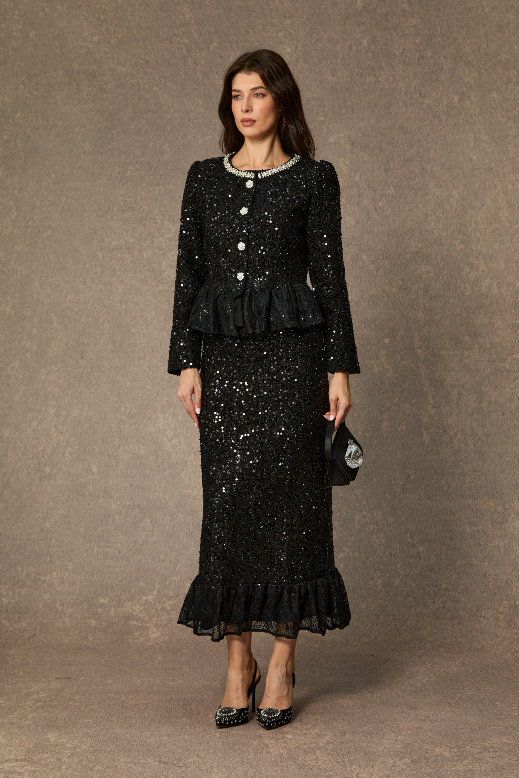 Chic And Sophisticated Black Diamond Embellished Ruffled Skirt Set