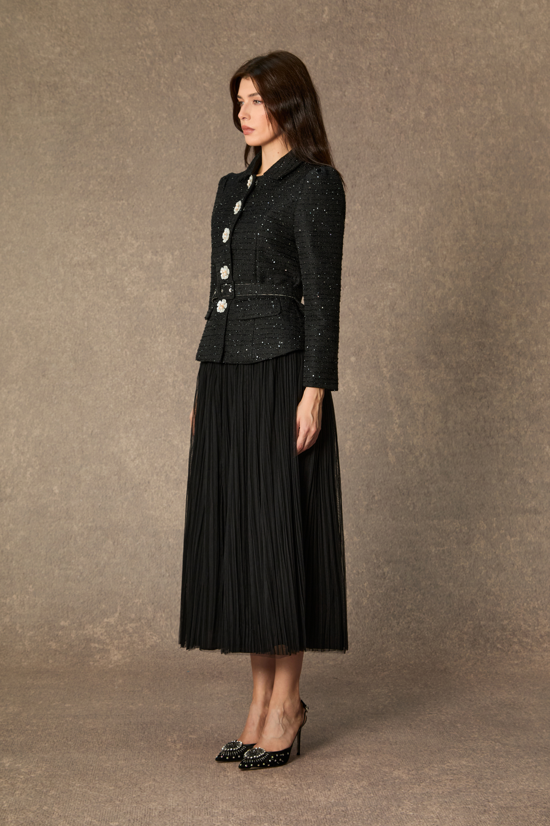 Charismatic Entrance Black Flower Buttons Jacket & Pleated Skirt Set