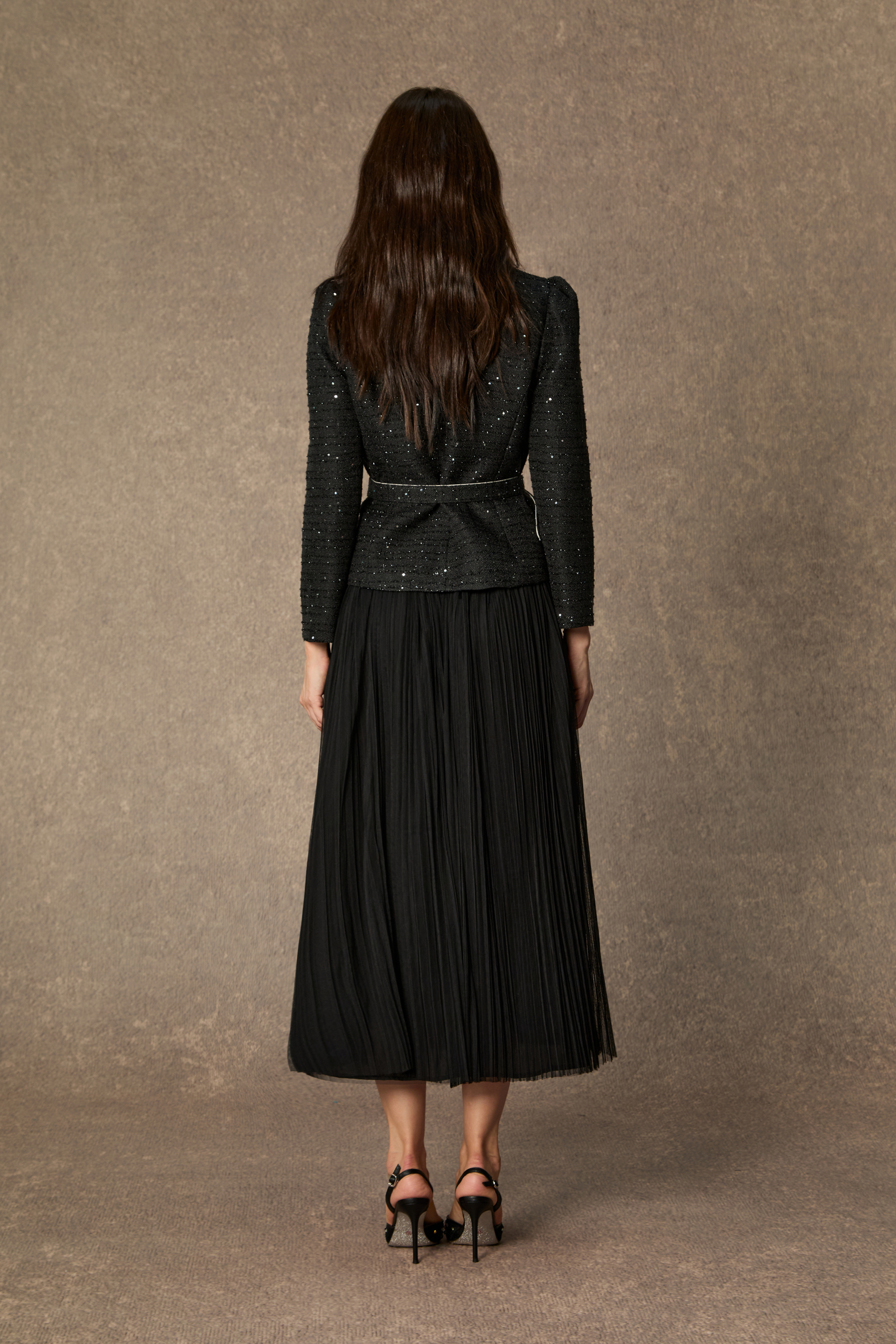 Charismatic Entrance Black Flower Buttons Jacket & Pleated Skirt Set