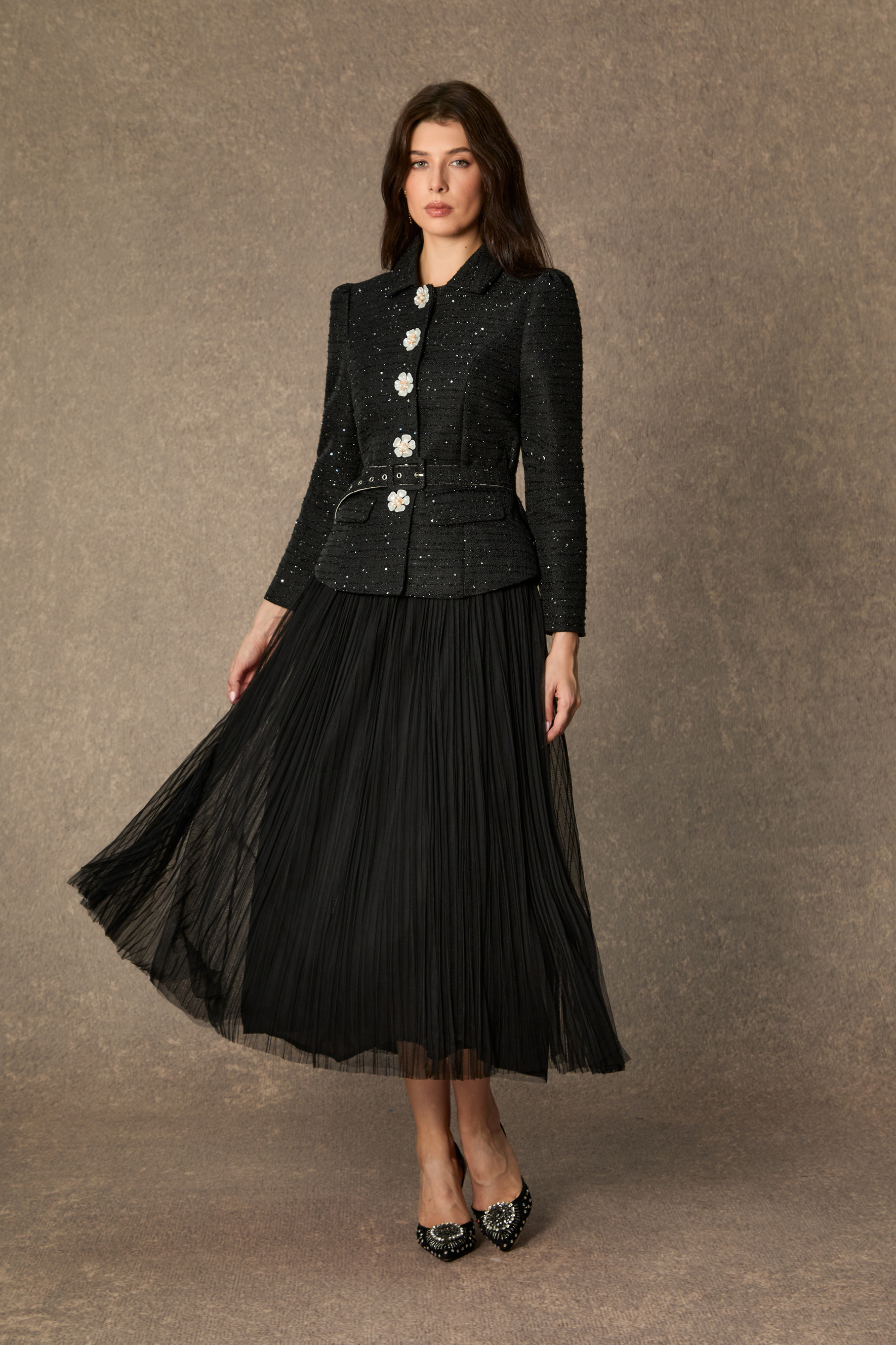 Charismatic Entrance Black Flower Buttons Jacket & Pleated Skirt Set