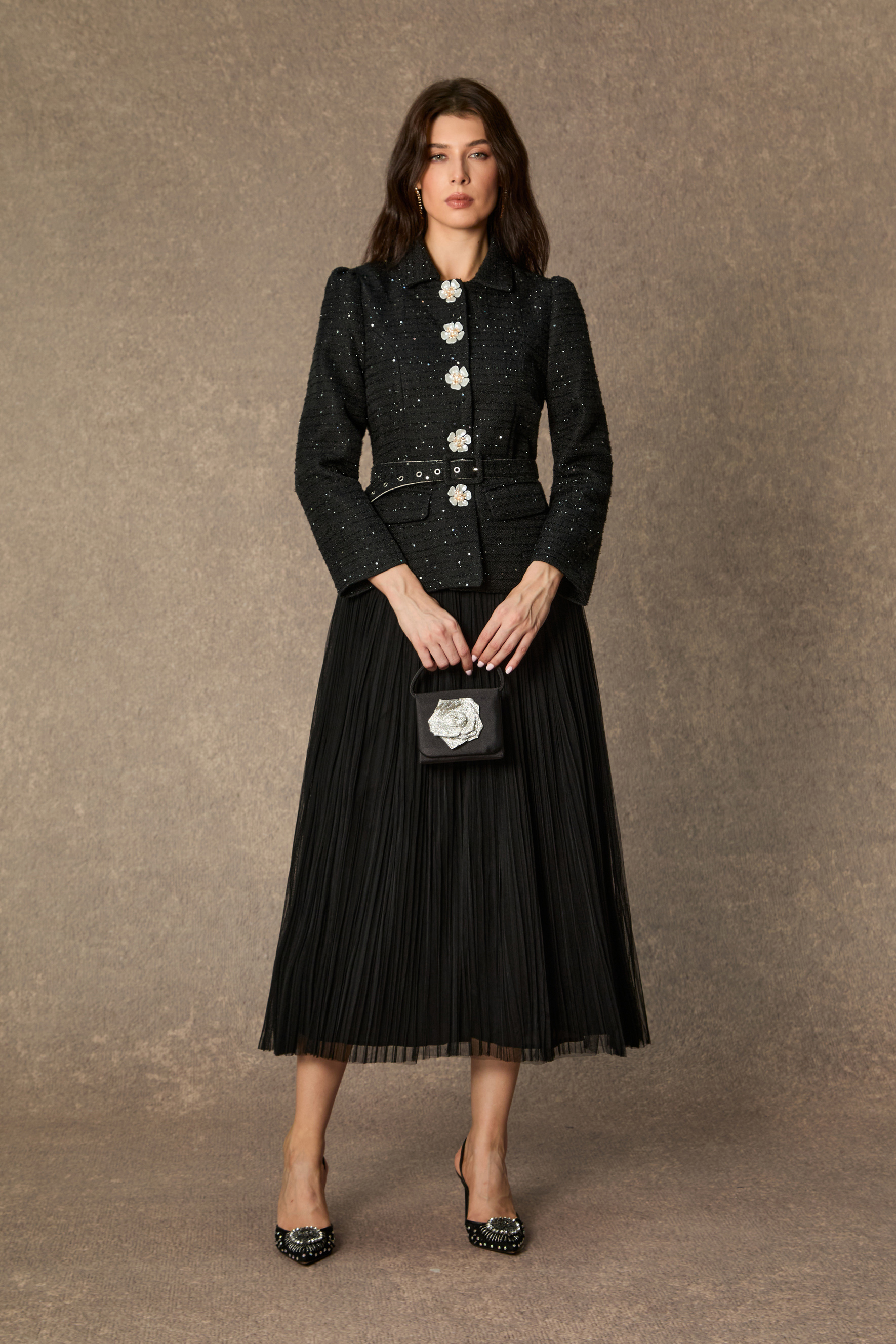 Charismatic Entrance Black Flower Buttons Jacket & Pleated Skirt Set