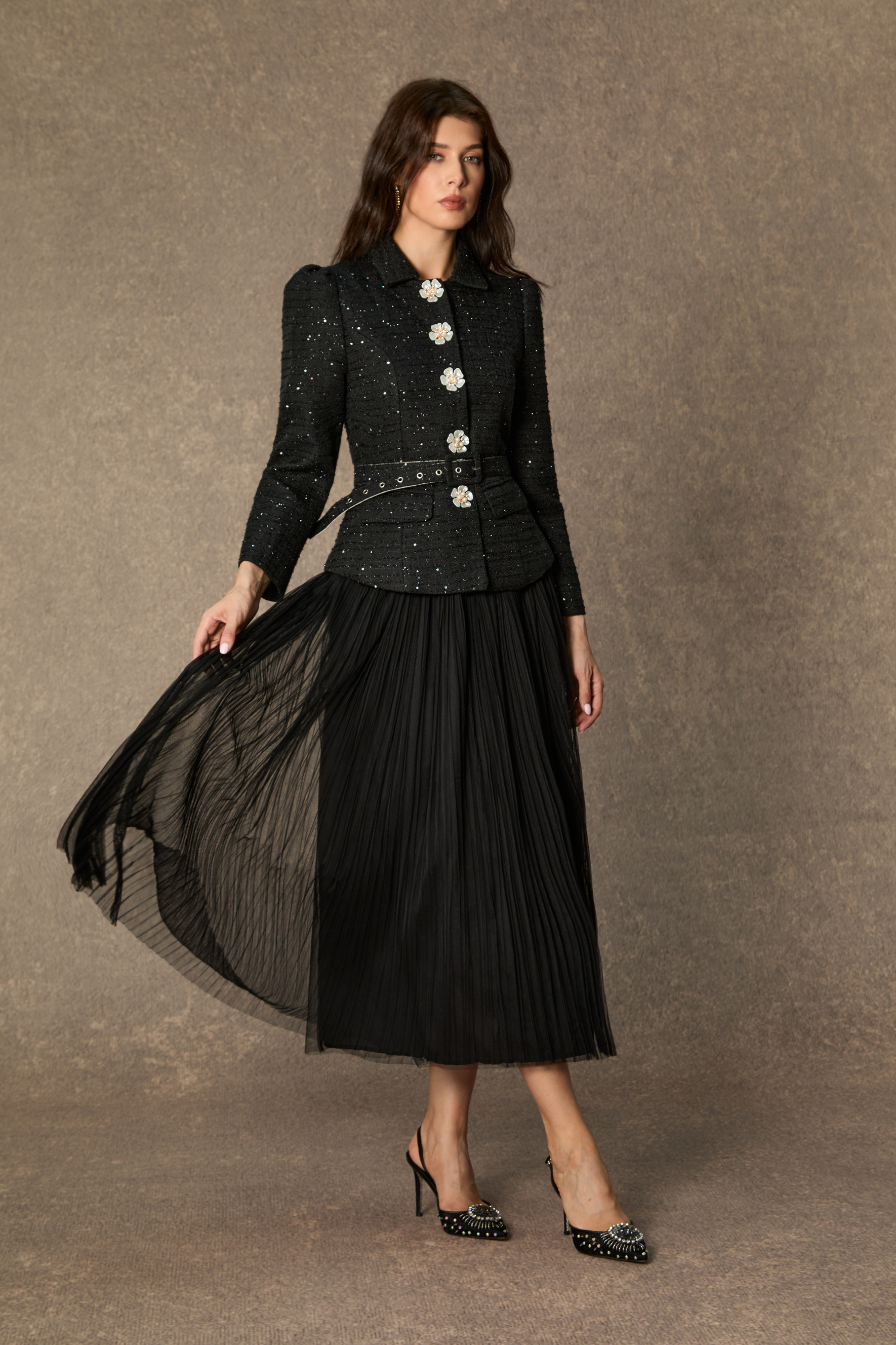 Charismatic Entrance Black Flower Buttons Jacket & Pleated Skirt Set