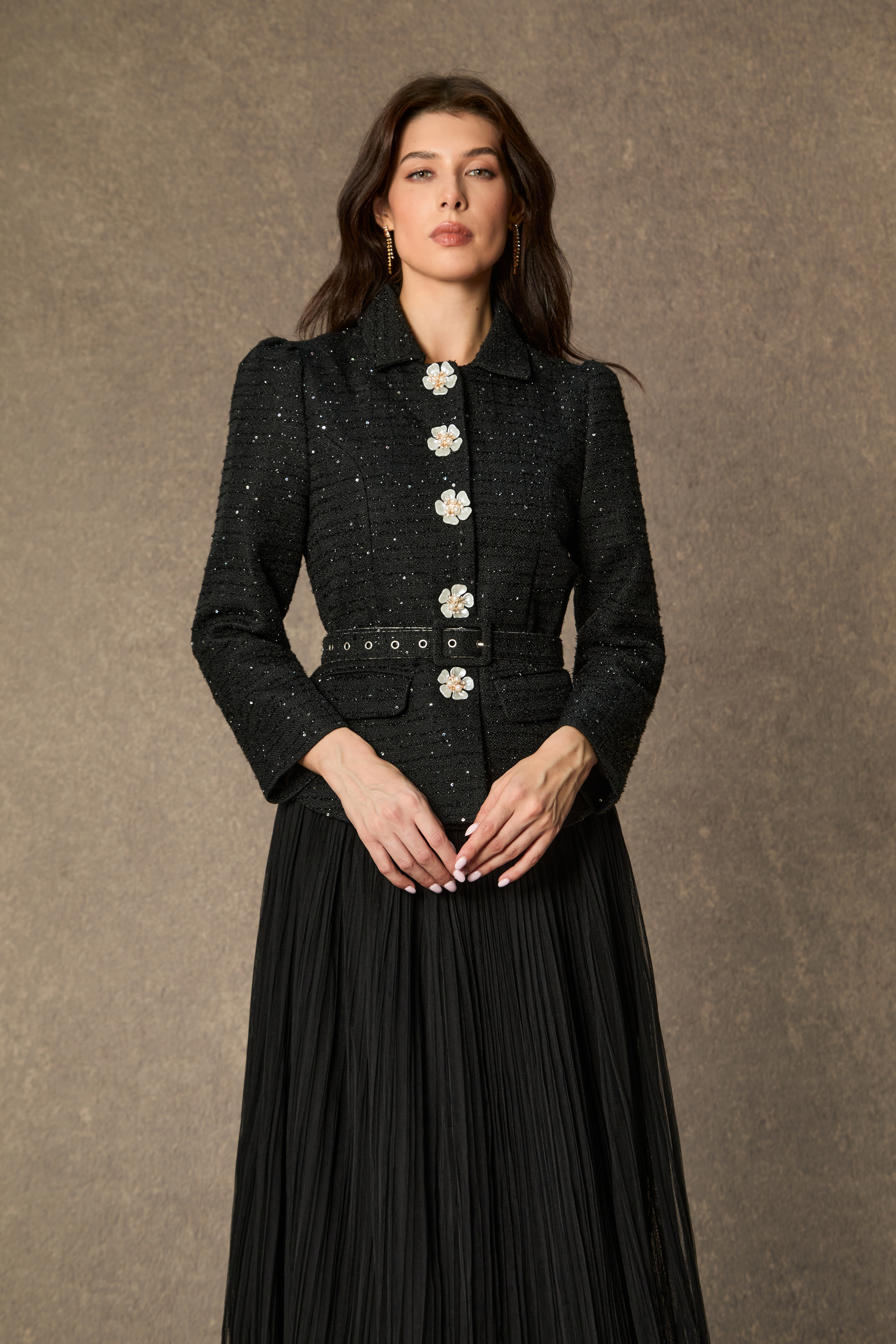Charismatic Entrance Black Flower Buttons Jacket & Pleated Skirt Set