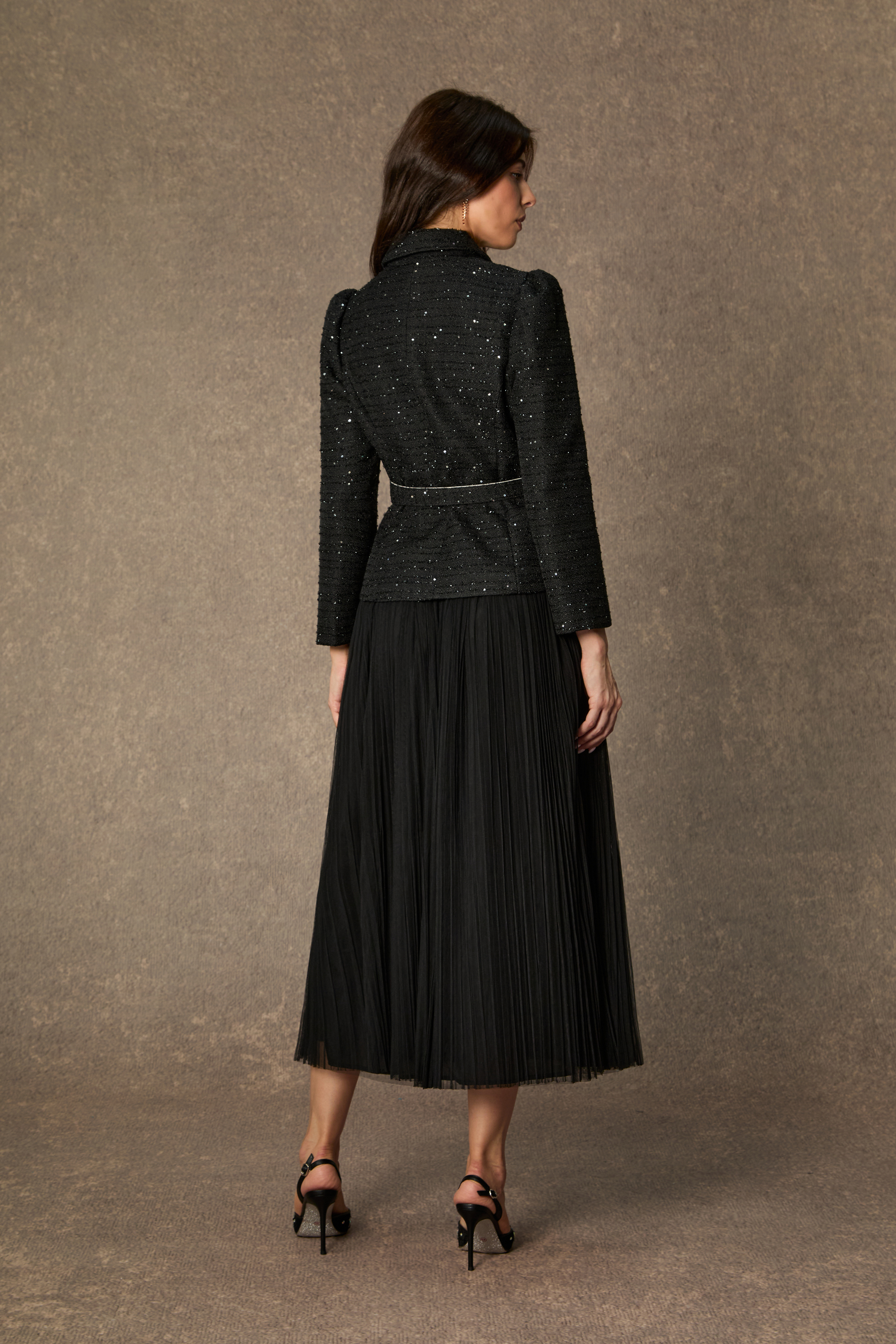 Charismatic Entrance Black Flower Buttons Jacket & Pleated Skirt Set