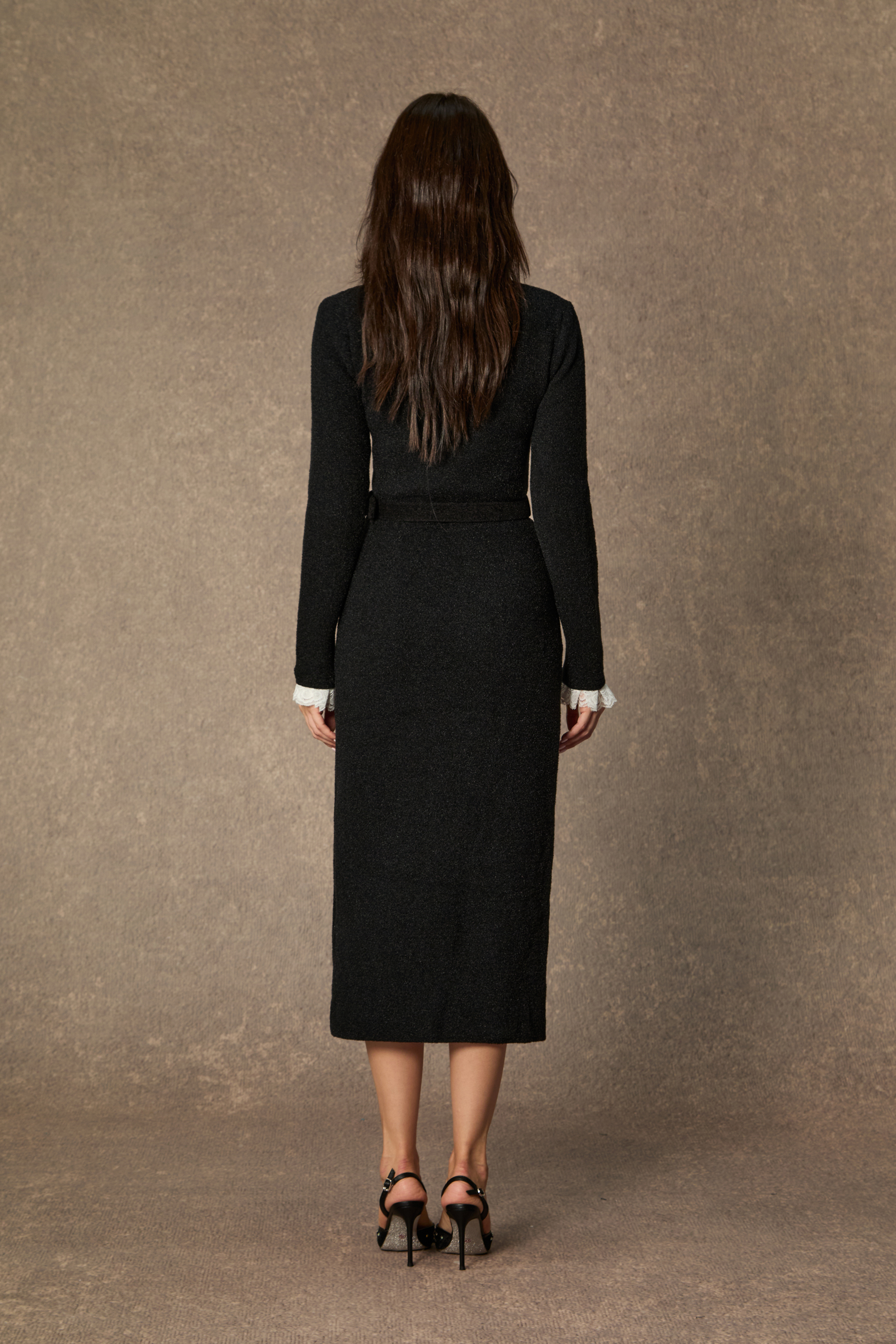 Classic Poise Black Ruffle Trim Knit Midi Dress