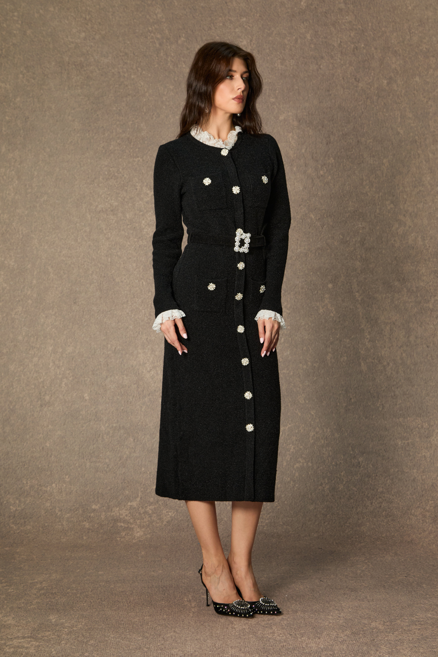 Classic Poise Black Ruffle Trim Knit Midi Dress