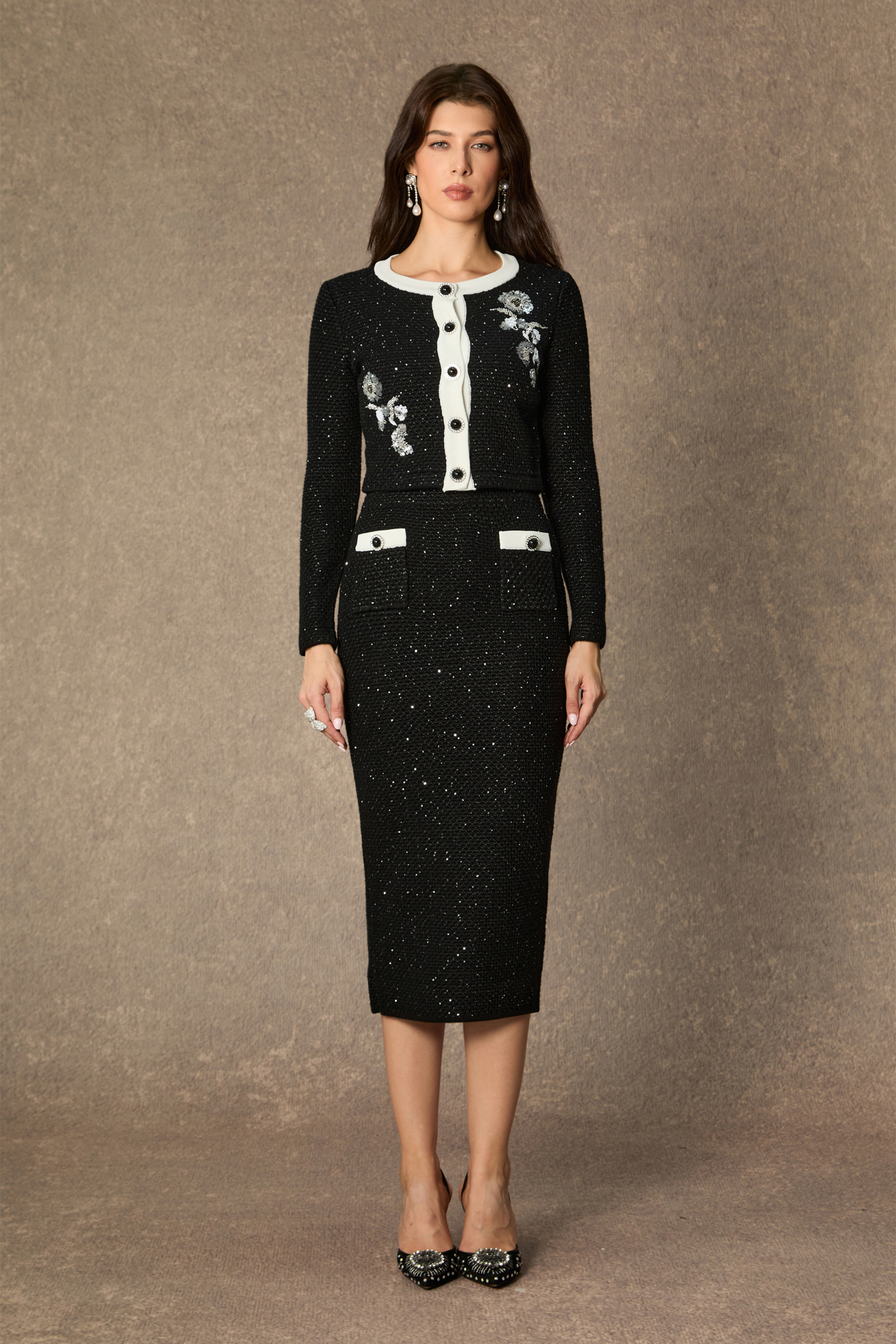 Marvelous Match Black Floral Embroidered Contrast Trim Skirt Set