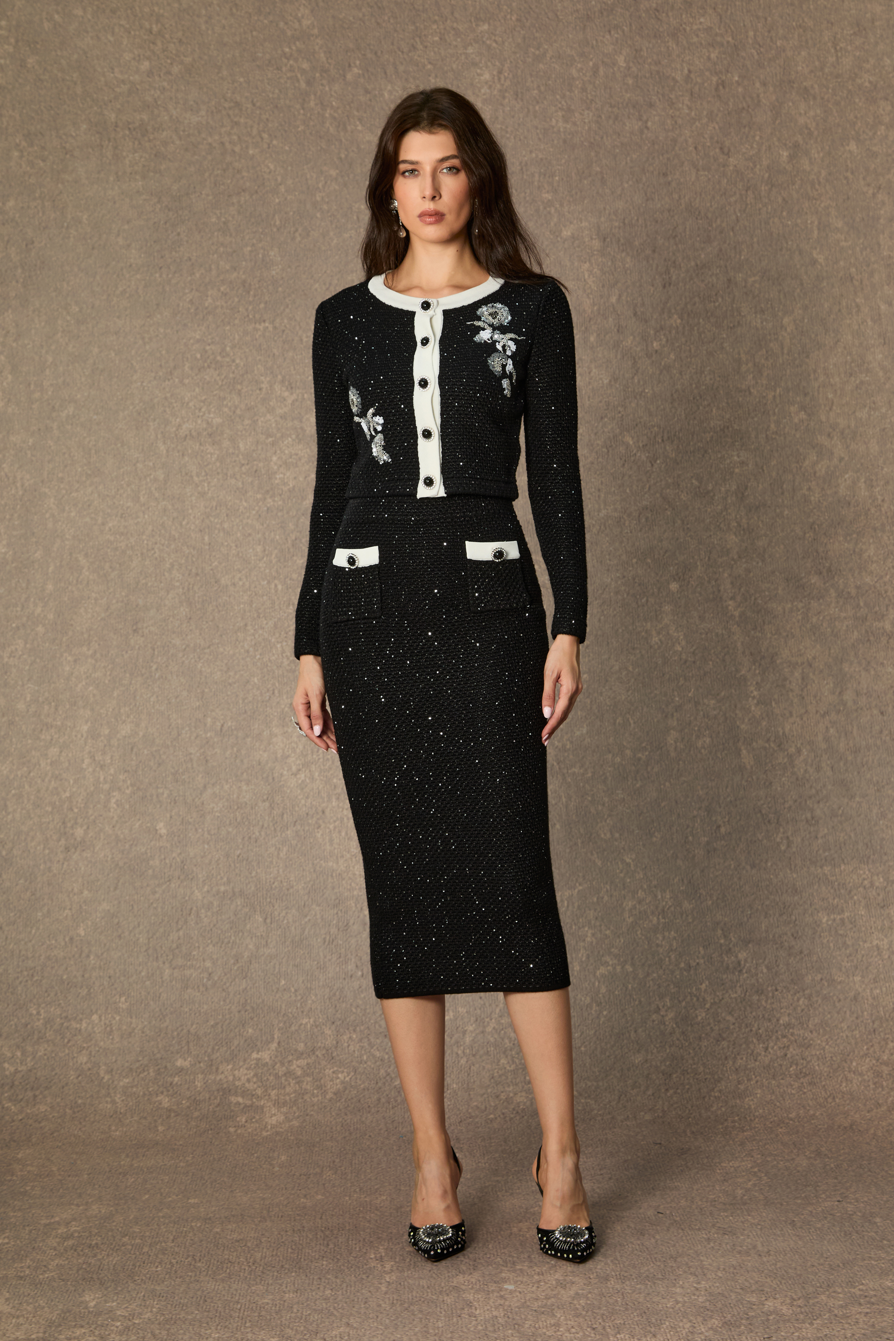 Marvelous Match Black Floral Embroidered Contrast Trim Skirt Set