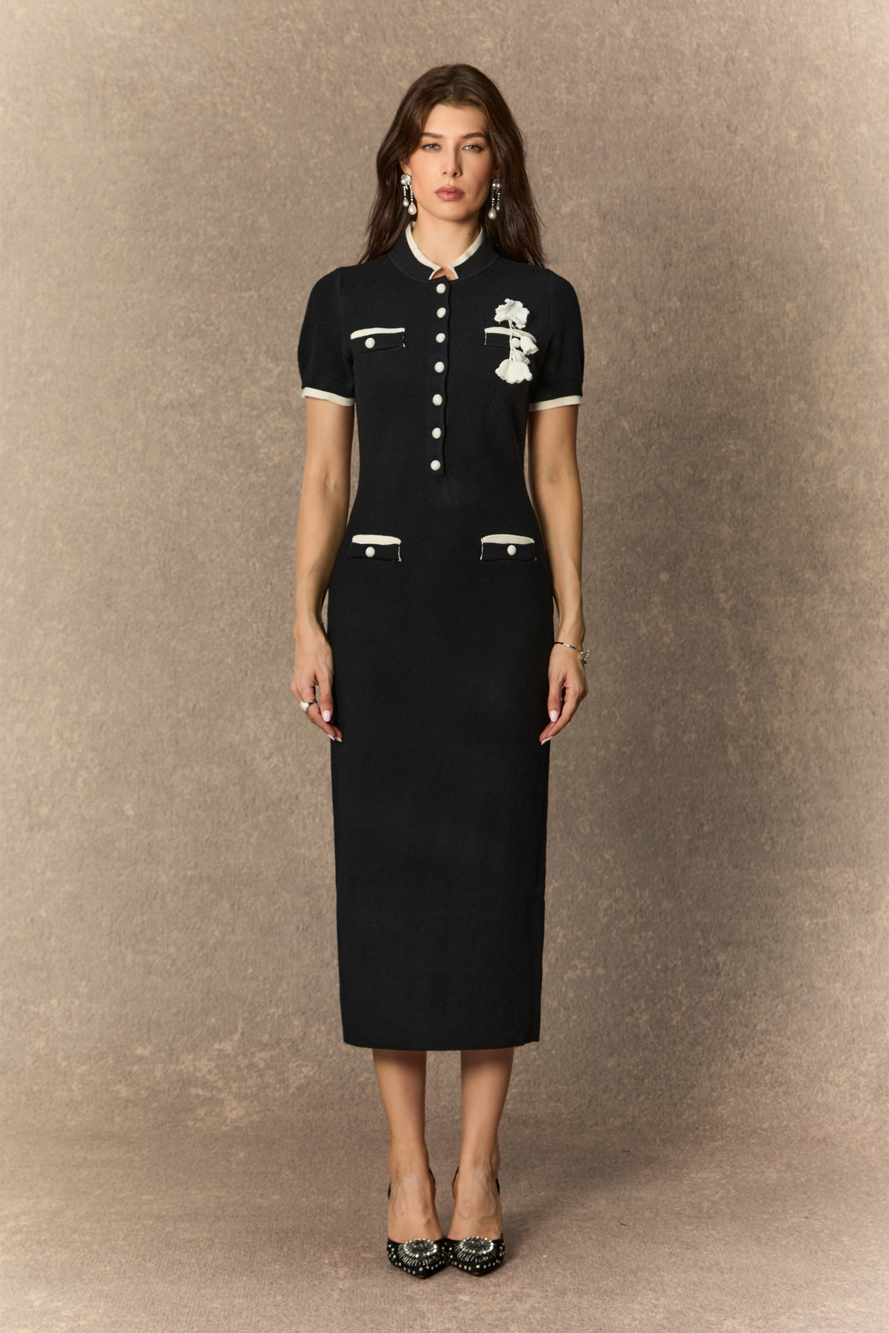 Perfect Classic Black Contrast Trim Floral Applique Midi Dress