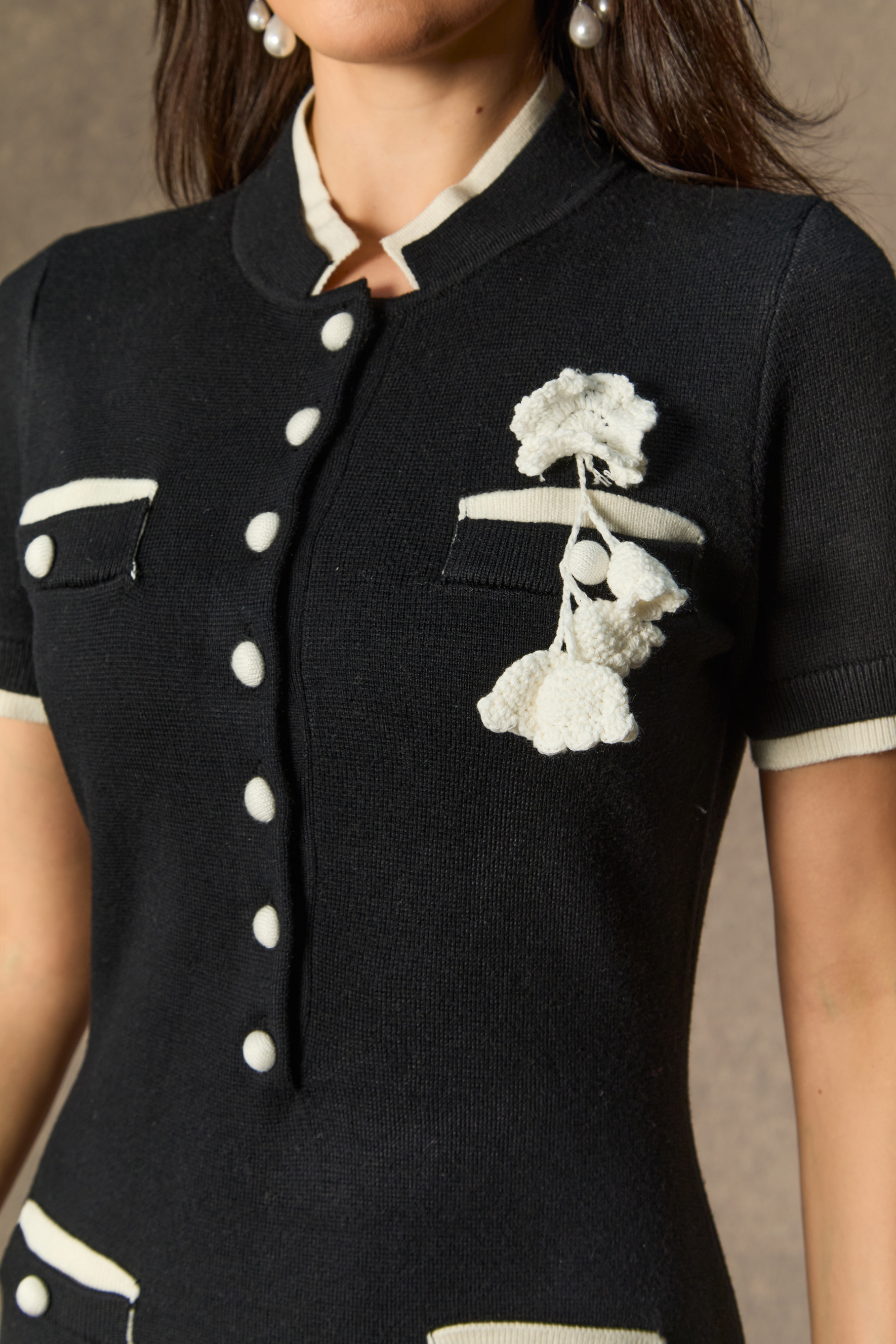 Perfect Classic Black Contrast Trim Floral Applique Midi Dress