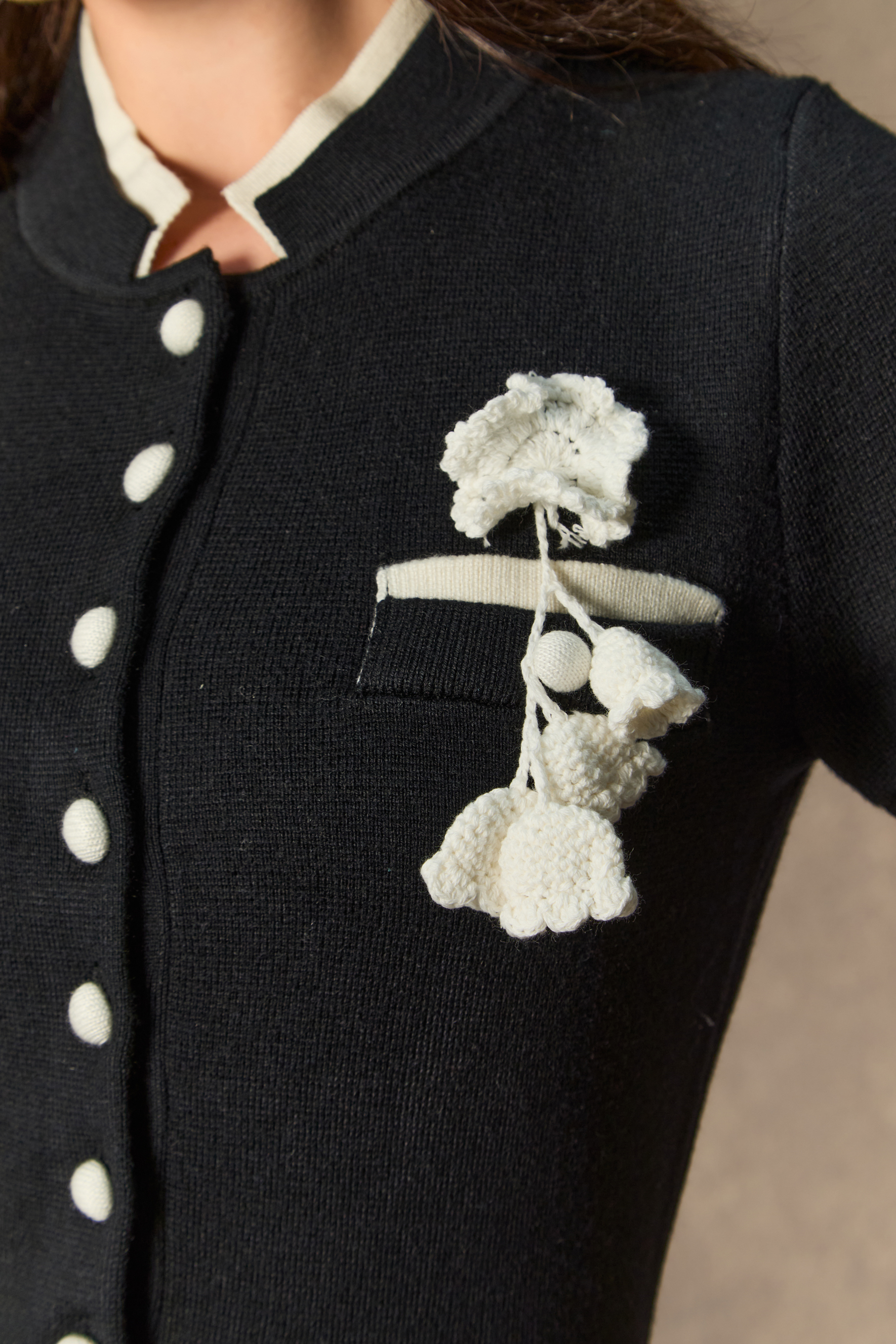 Perfect Classic Black Contrast Trim Floral Applique Midi Dress