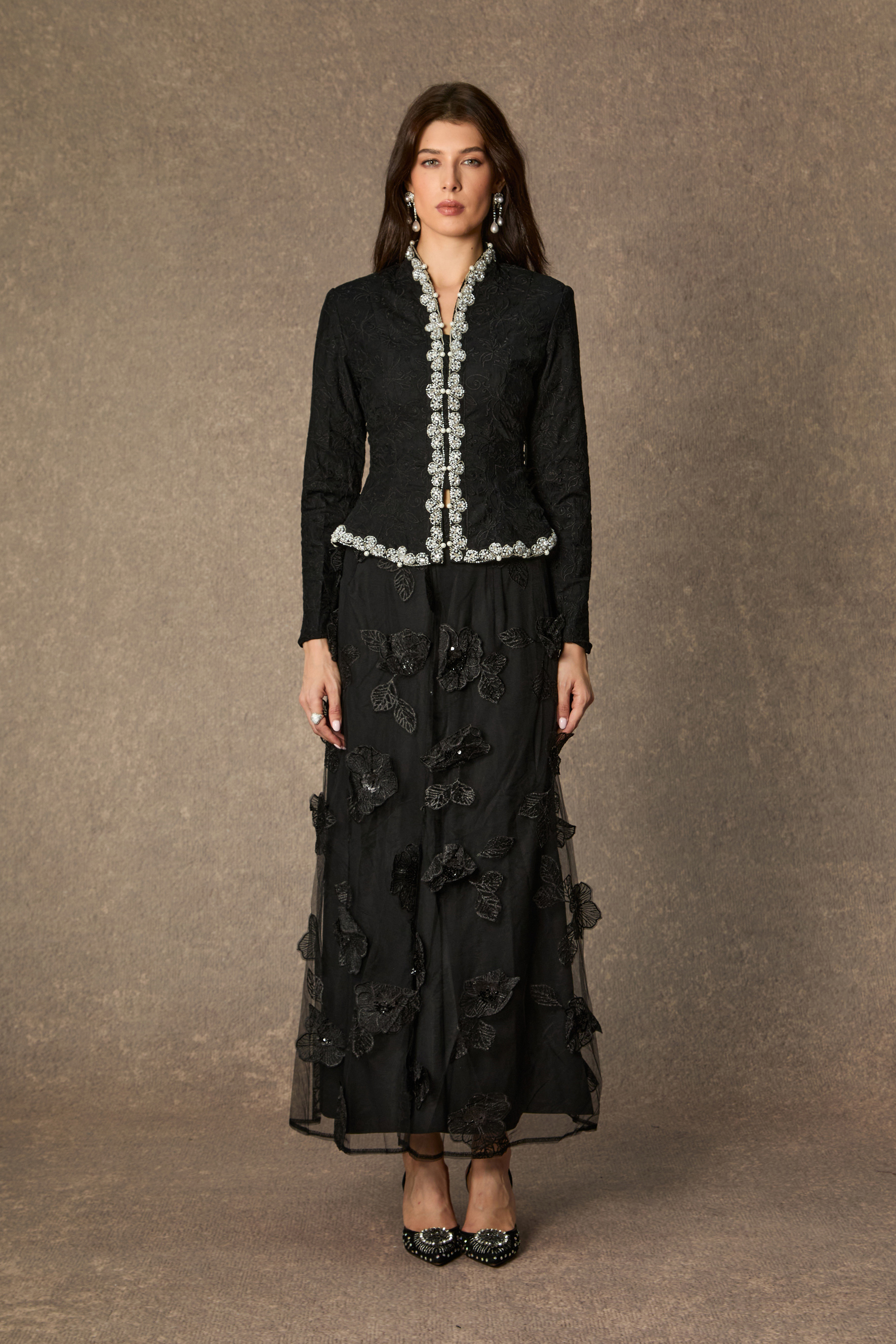 Blossom Hour Black Diamante Trim Top & Floral Applique Skirt Set