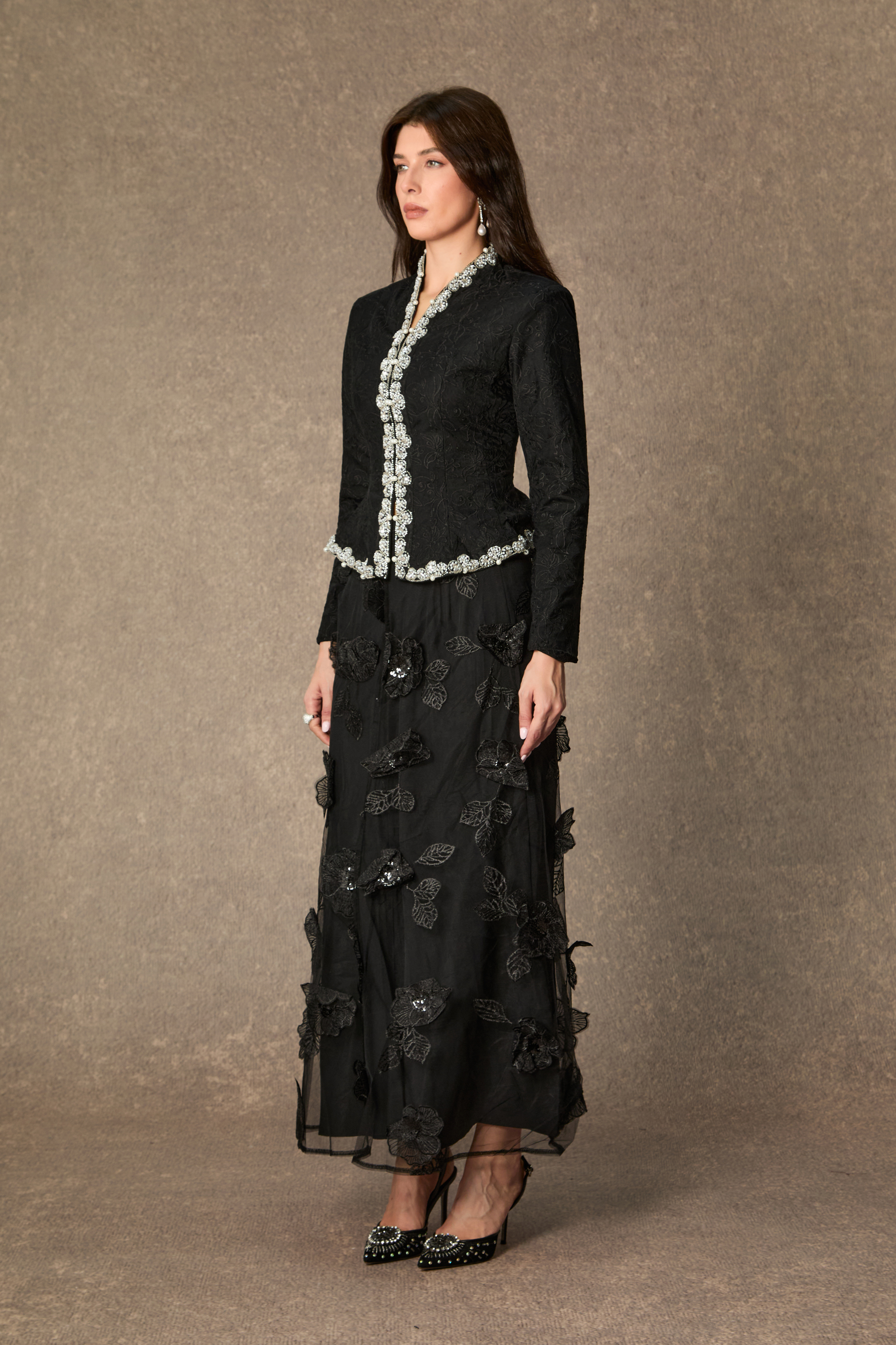 Blossom Hour Black Diamante Trim Top & Floral Applique Skirt Set