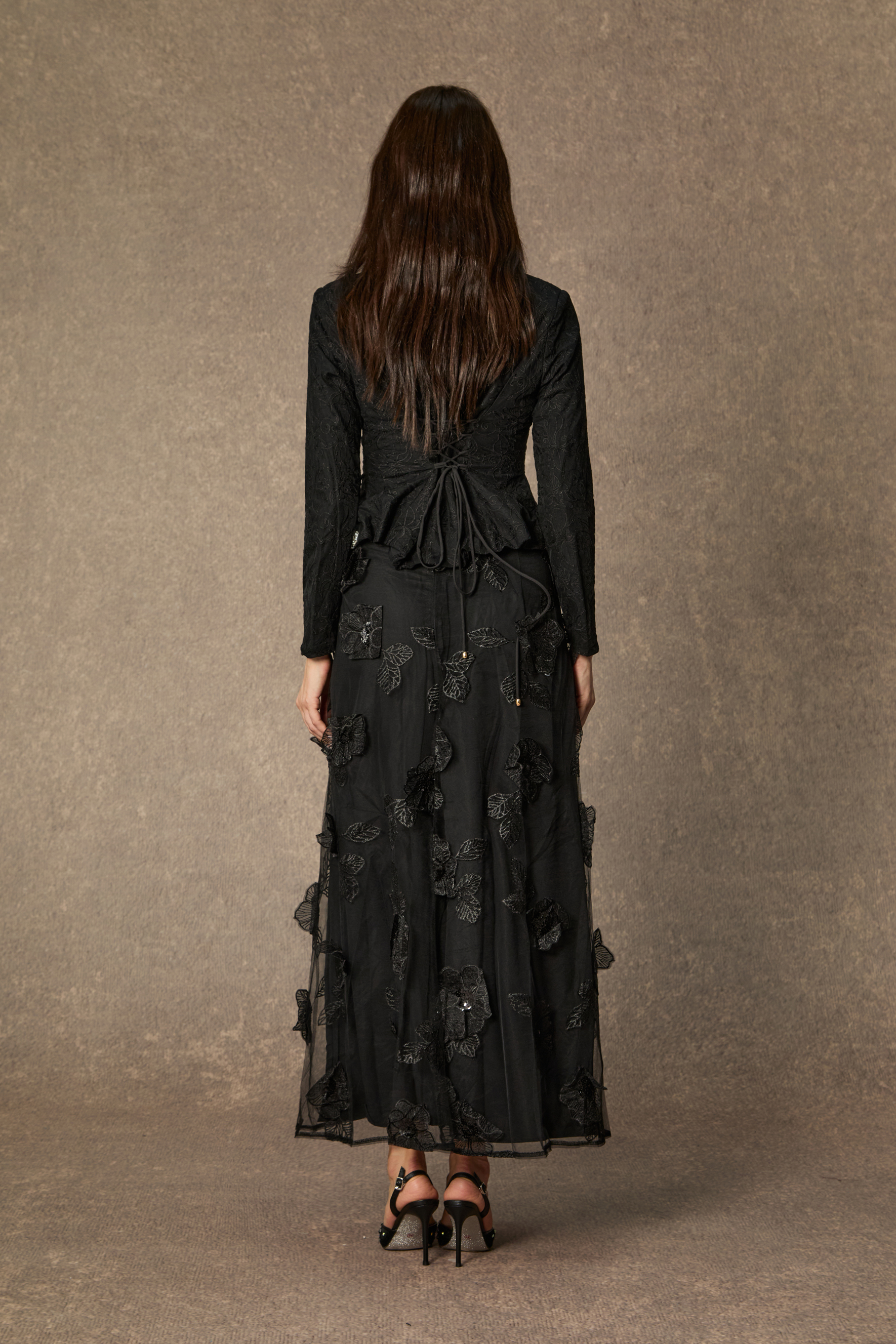 Blossom Hour Black Diamante Trim Top & Floral Applique Skirt Set