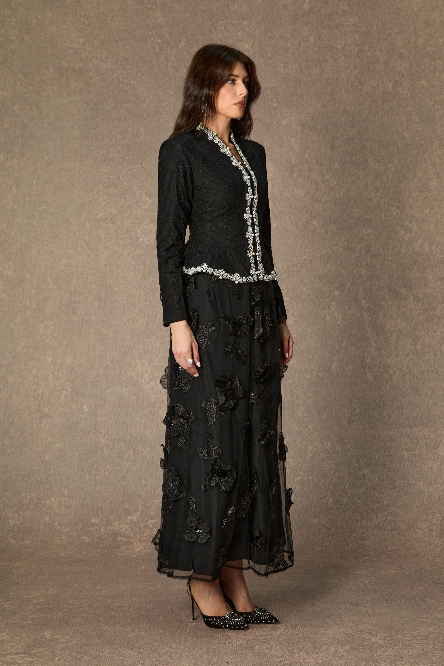 Blossom Hour Black Diamante Trim Top & Floral Applique Skirt Set