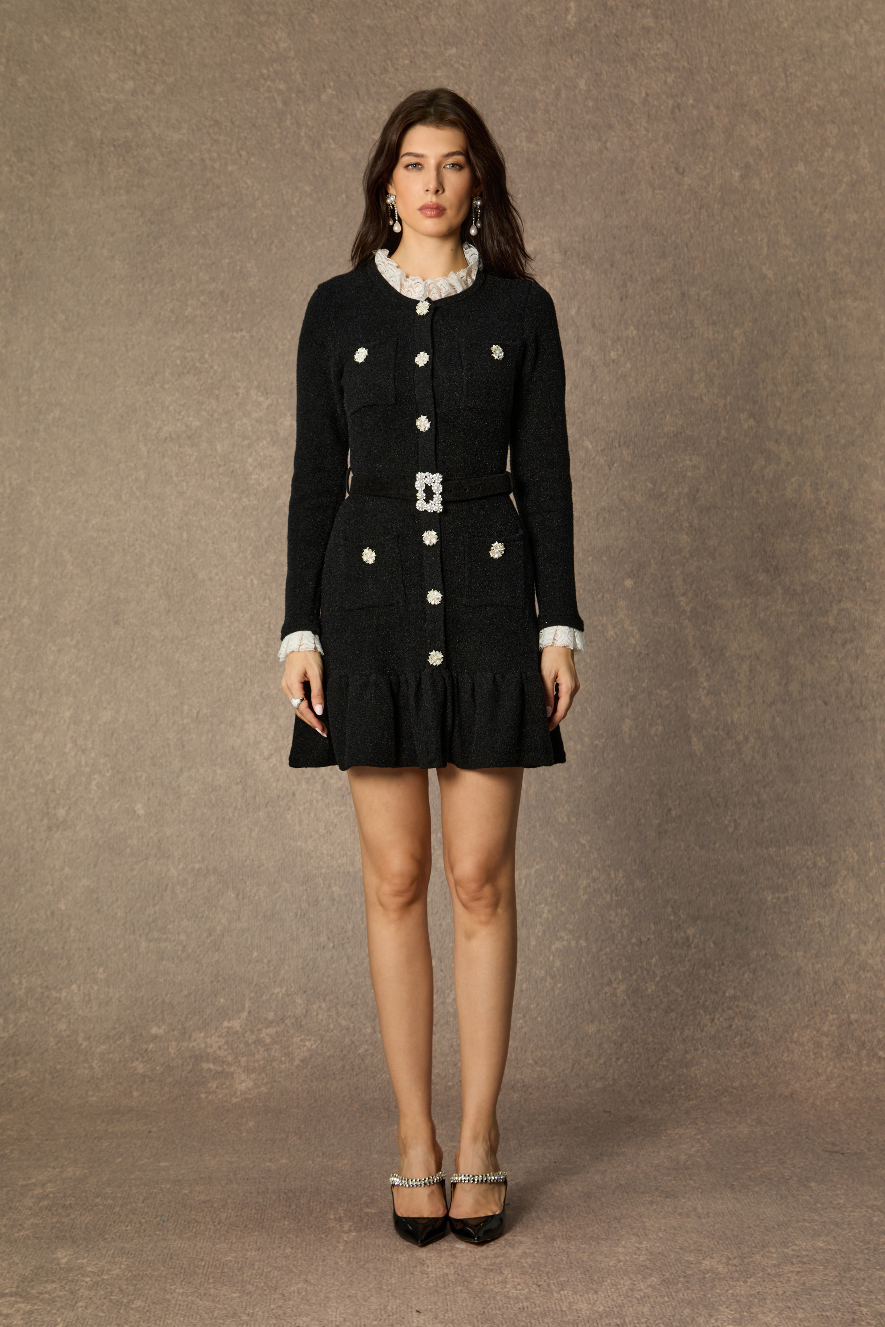 Sophisticatedly Cozy Black Ruffled Contrast Mini Dress