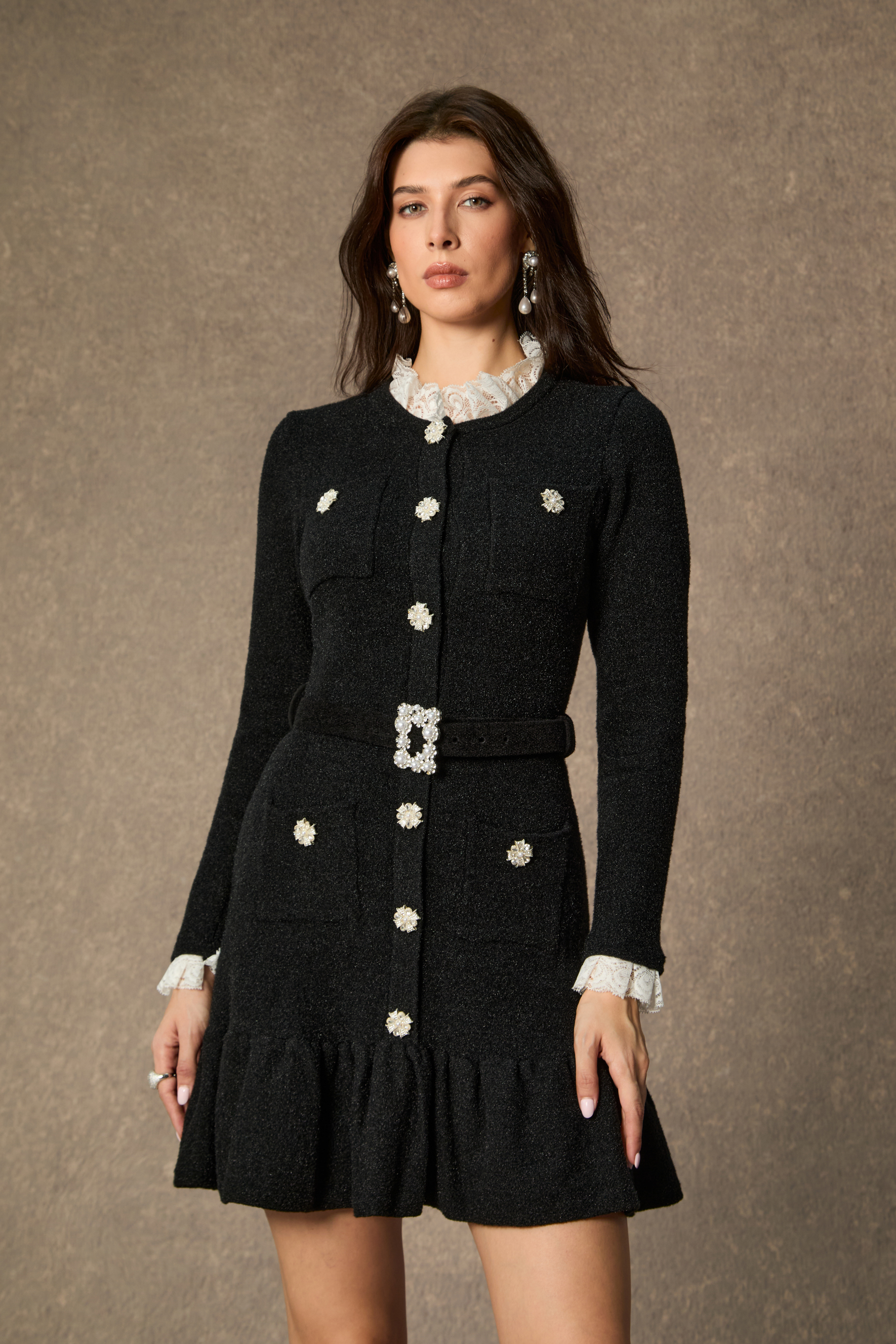 Sophisticatedly Cozy Black Ruffled Contrast Mini Dress