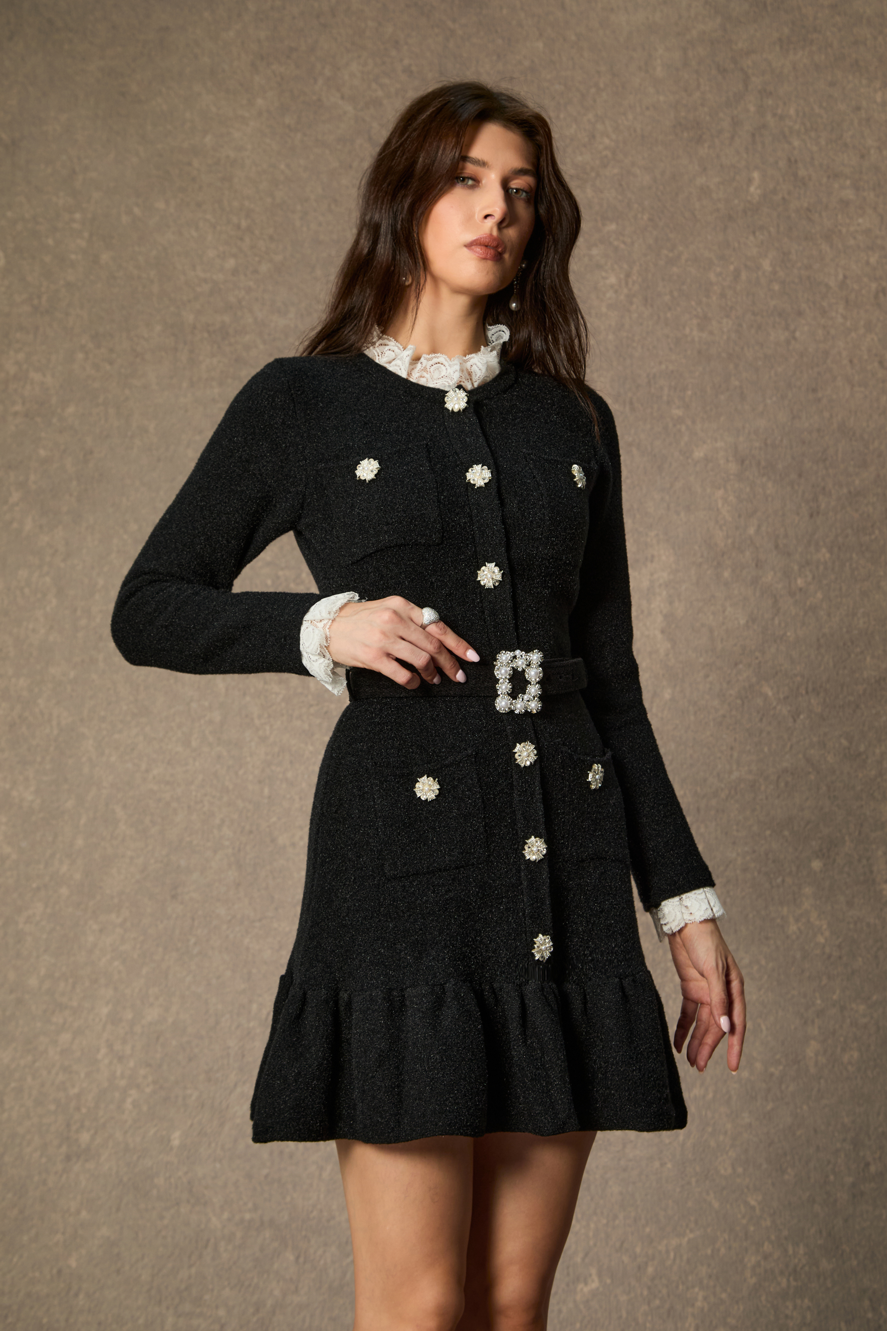 Sophisticatedly Cozy Black Ruffled Contrast Mini Dress