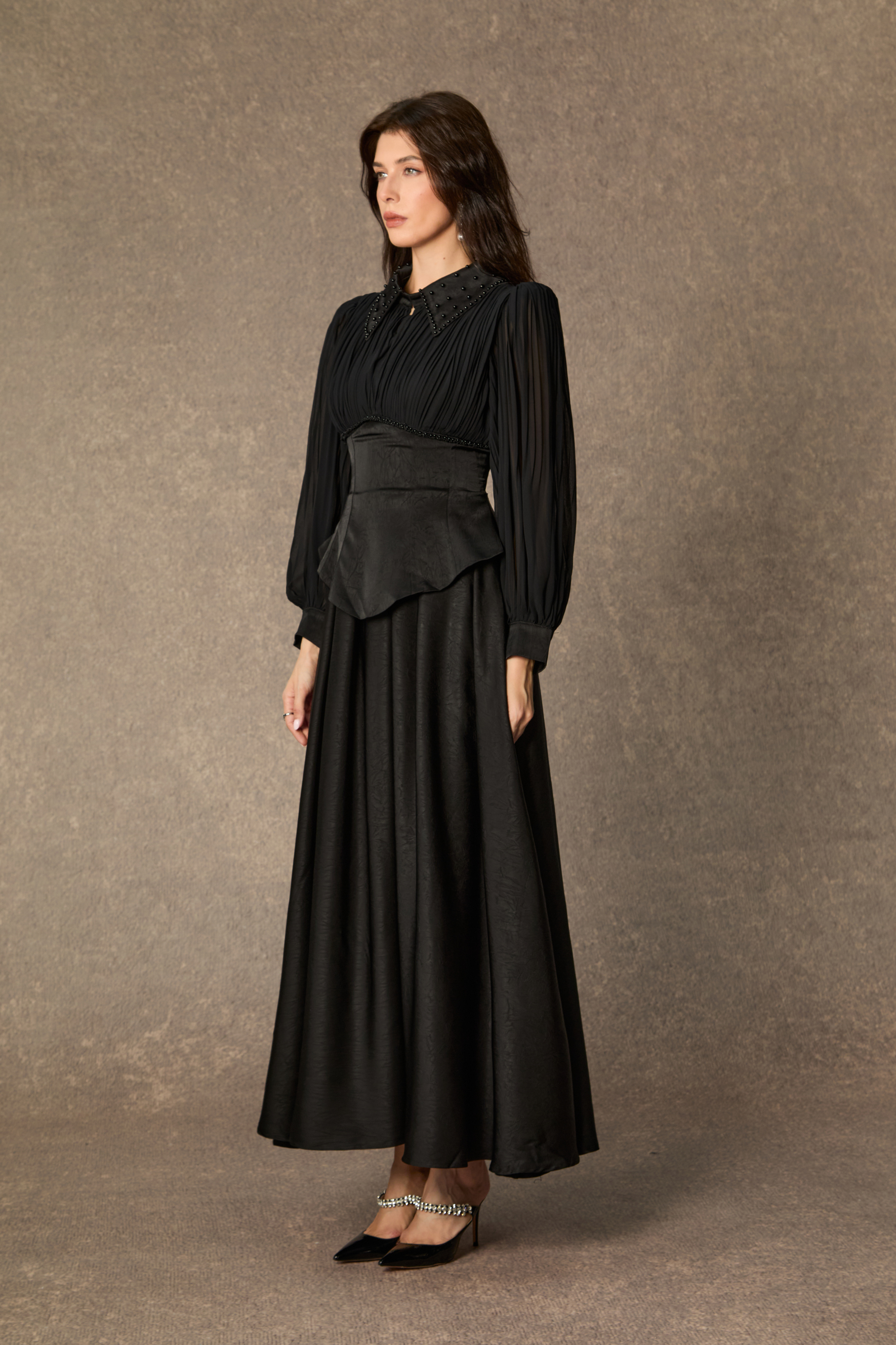 Notable Elegance Black Beaded Collar Corset Maxi Dress