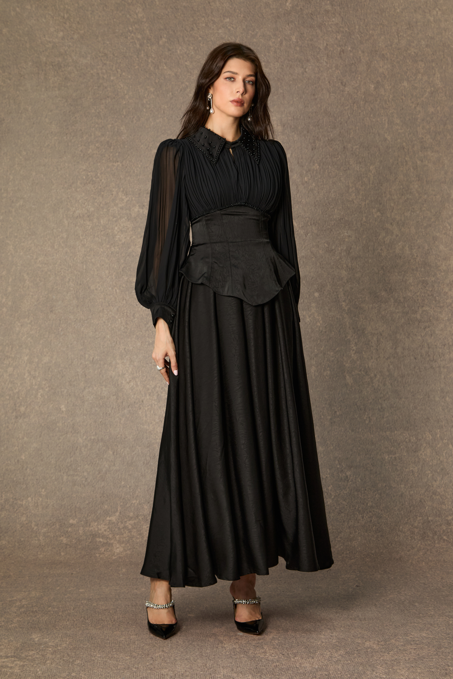 Notable Elegance Black Beaded Collar Corset Maxi Dress