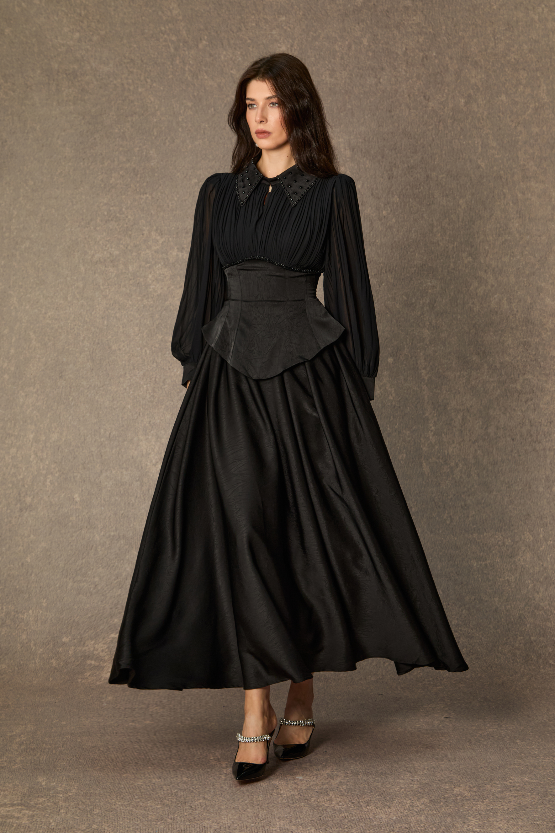 Notable Elegance Black Beaded Collar Corset Maxi Dress