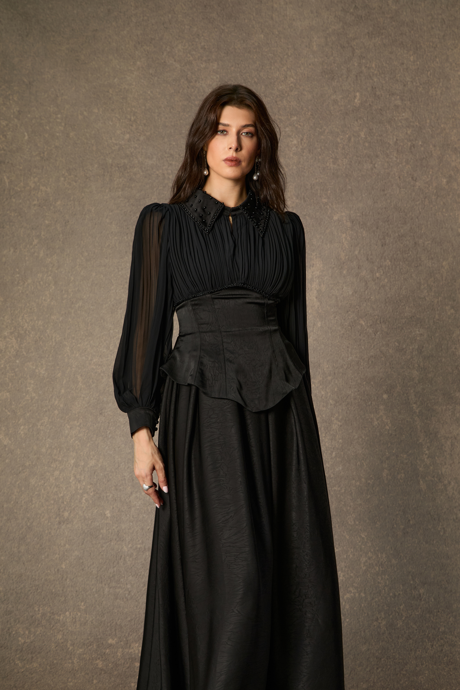 Notable Elegance Black Beaded Collar Corset Maxi Dress