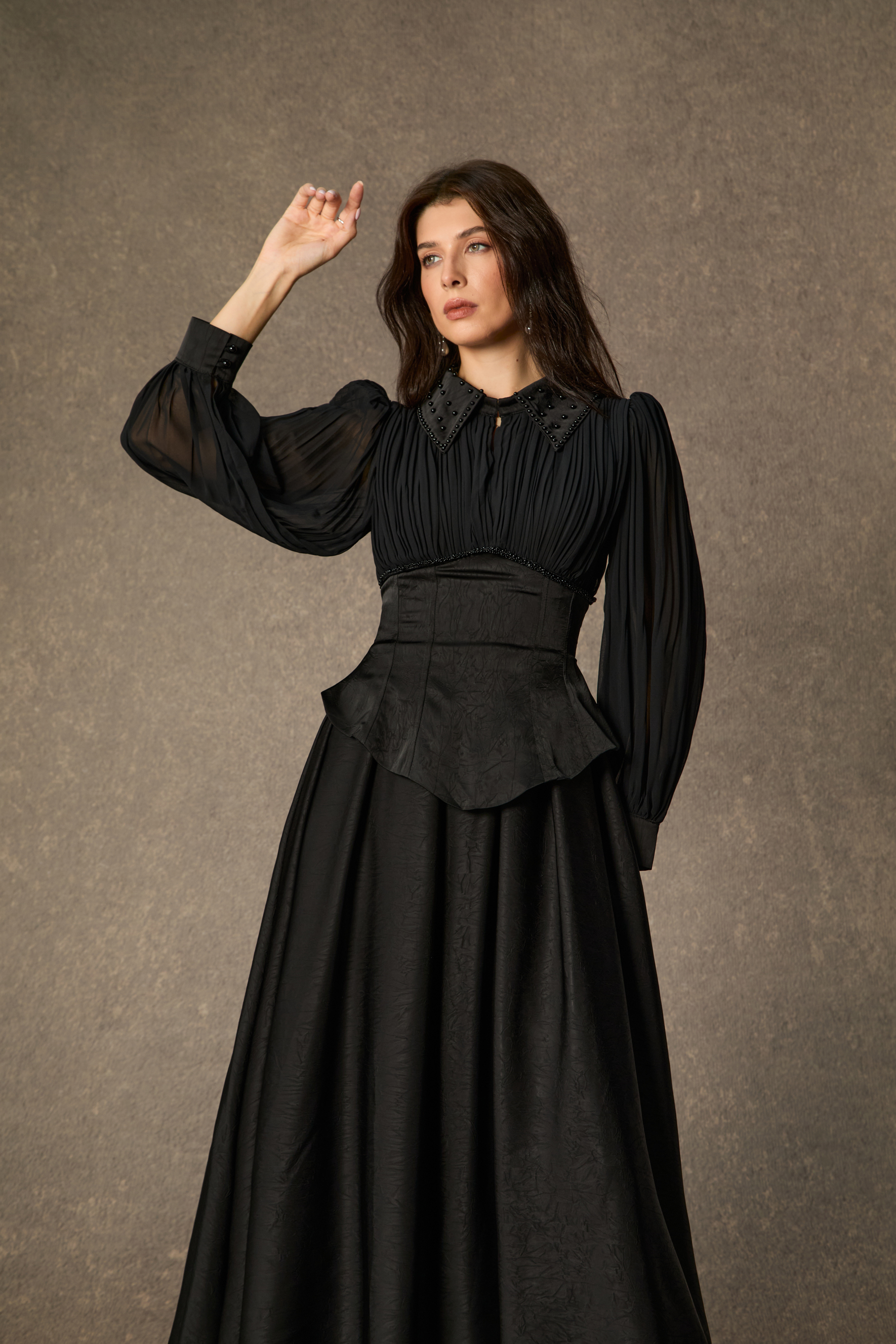 Notable Elegance Black Beaded Collar Corset Maxi Dress