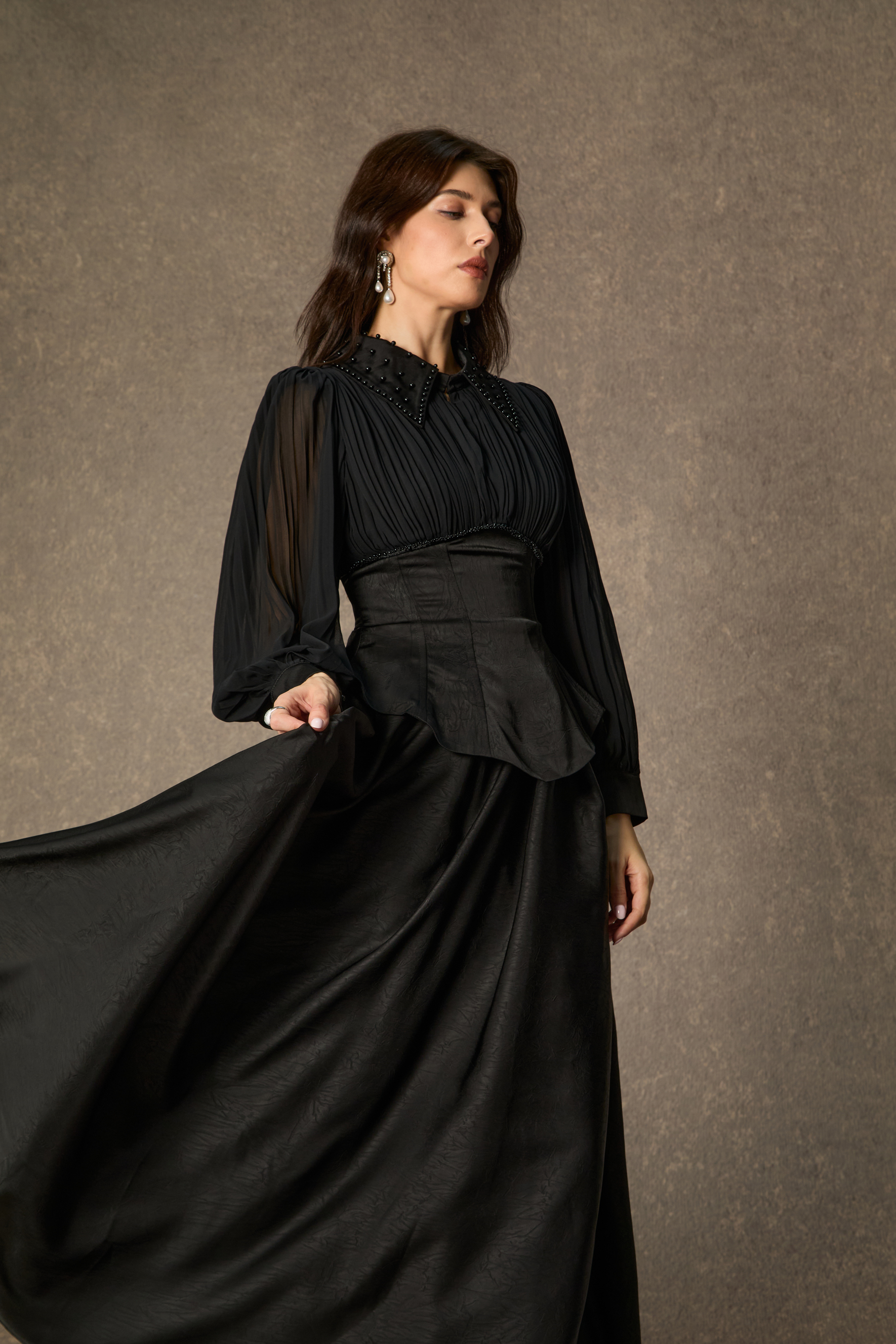 Notable Elegance Black Beaded Collar Corset Maxi Dress