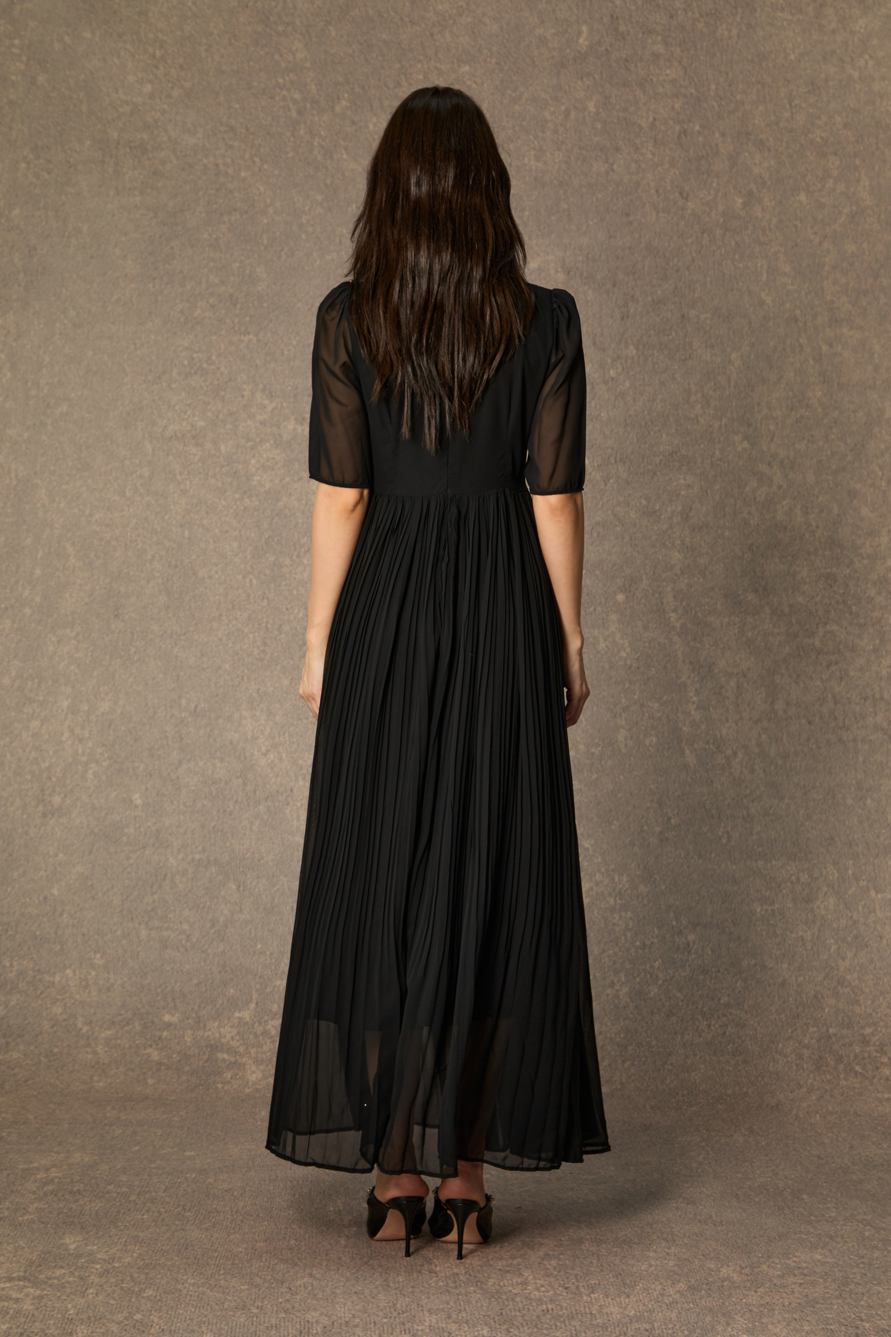 Graceful Midnight Black Butterfly Applique Jacket & Pleated Dress Set