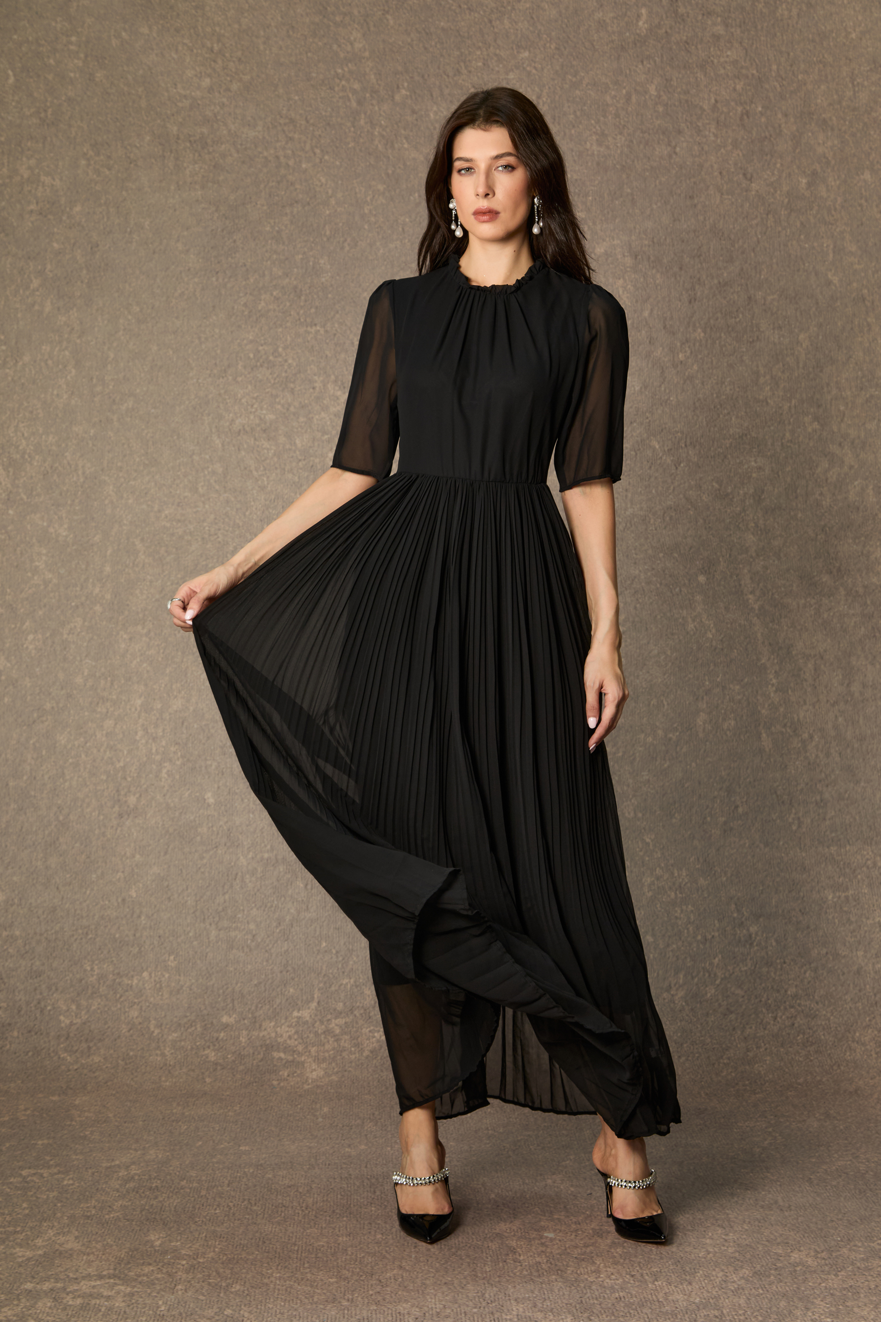 Graceful Midnight Black Butterfly Applique Jacket & Pleated Dress Set