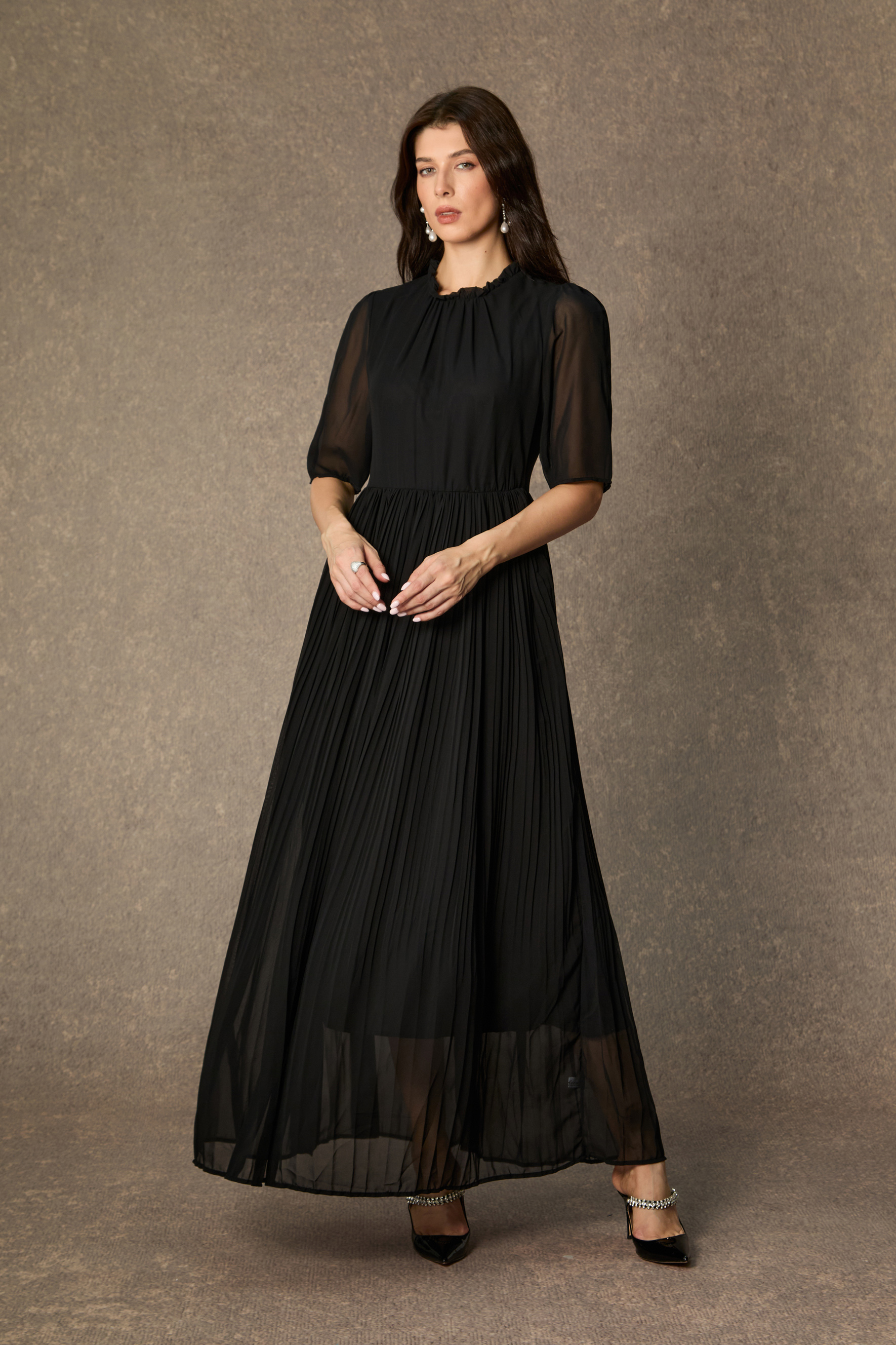 Graceful Midnight Black Butterfly Applique Jacket & Pleated Dress Set