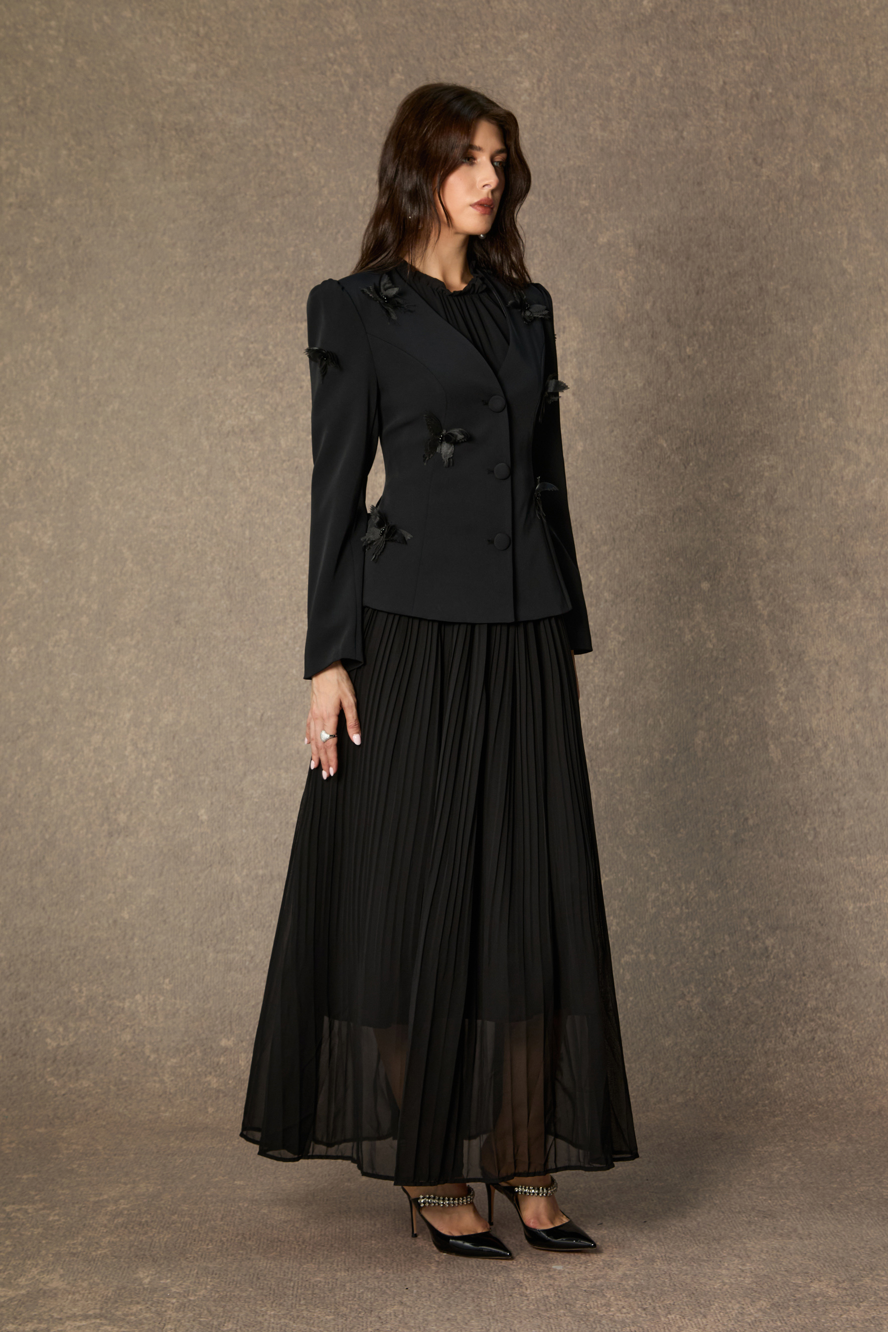 Graceful Midnight Black Butterfly Applique Jacket & Pleated Dress Set